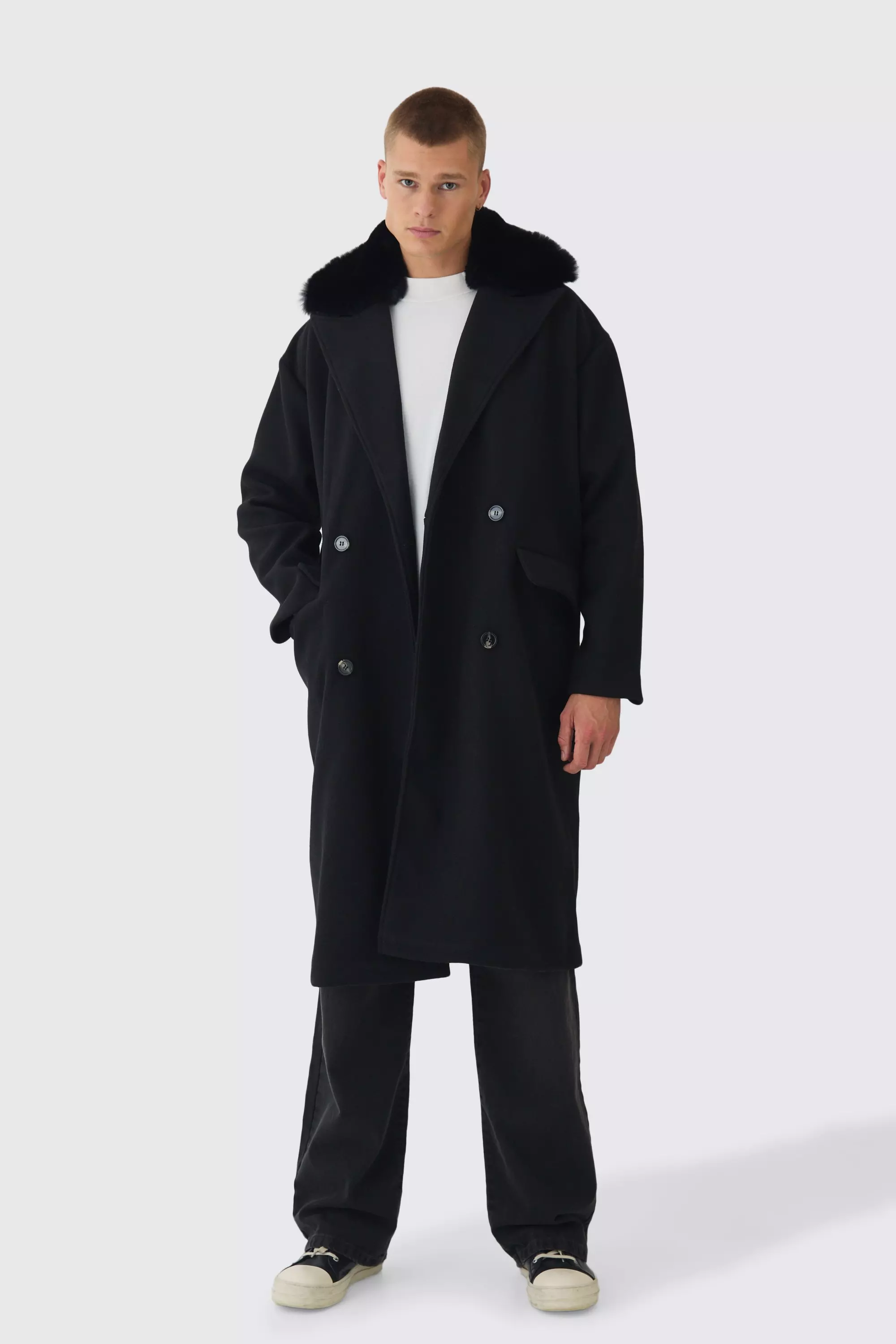 Drop Shoulder Overcoat With Removeable Faux Fur Trim In Black Black