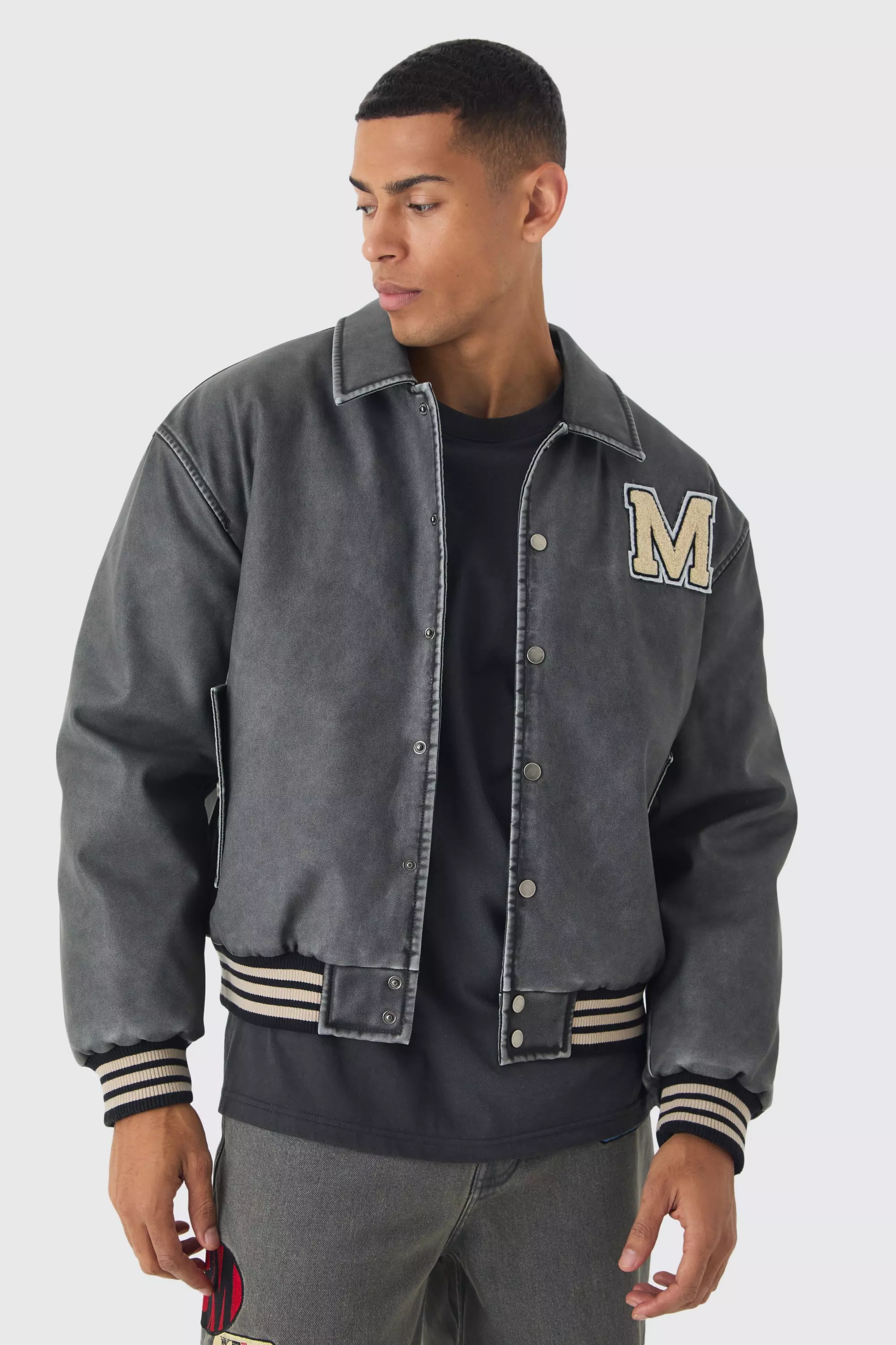 Boxy Washed Pu Varsity Jacket In Grey alternative image