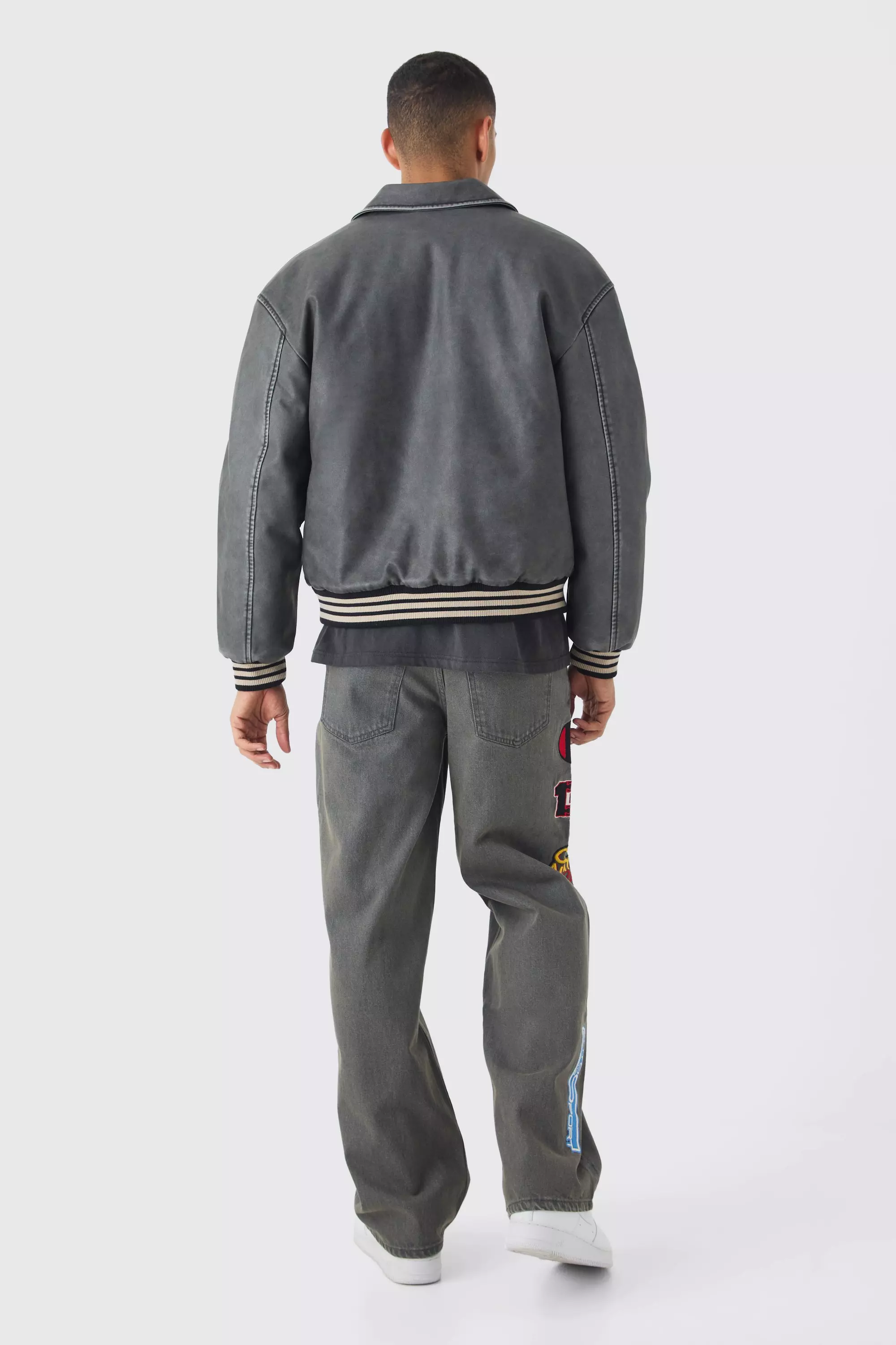 Boxy Washed Pu Varsity Jacket In Grey alternative image
