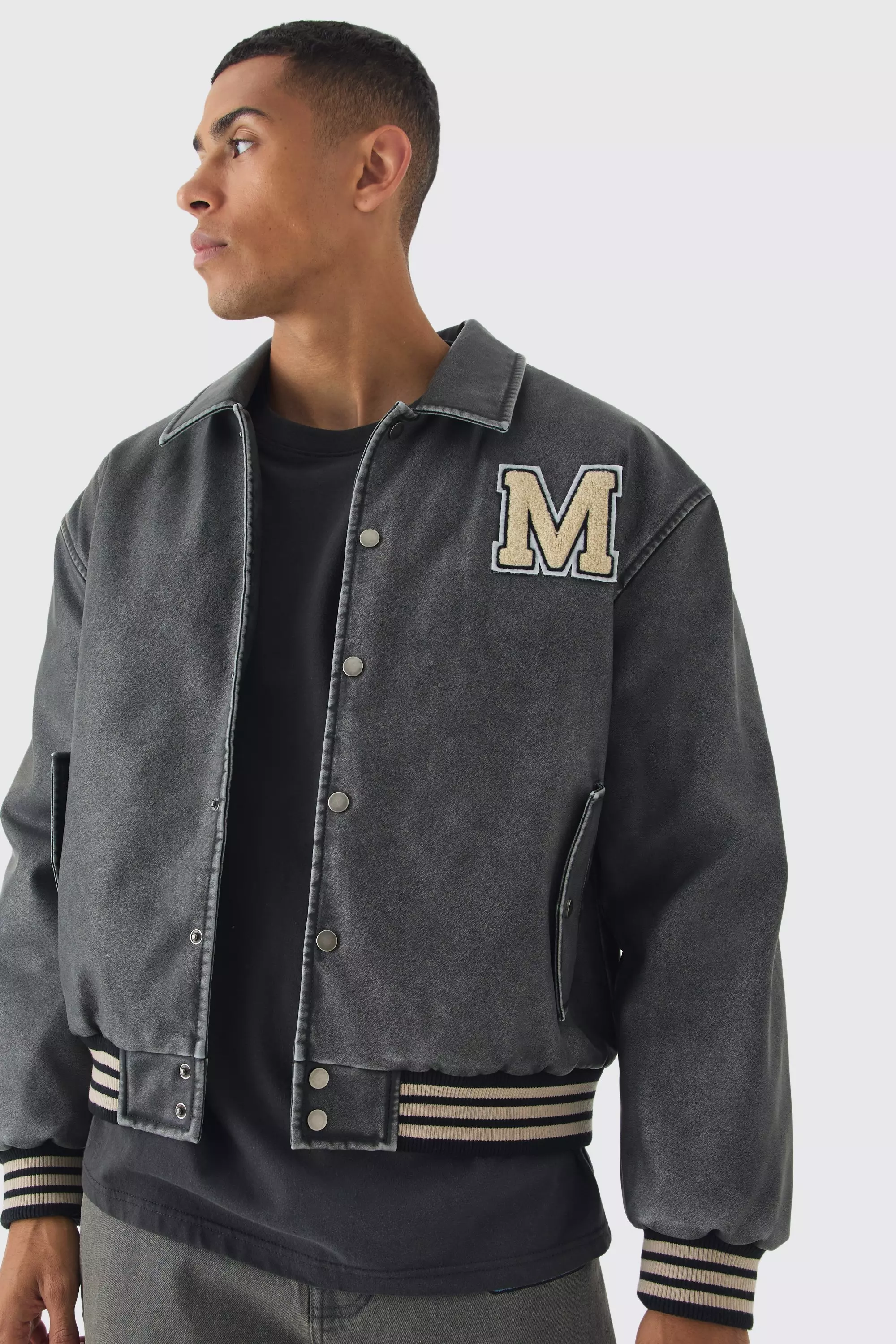 Boxy Washed Pu Varsity Jacket In Grey alternative image