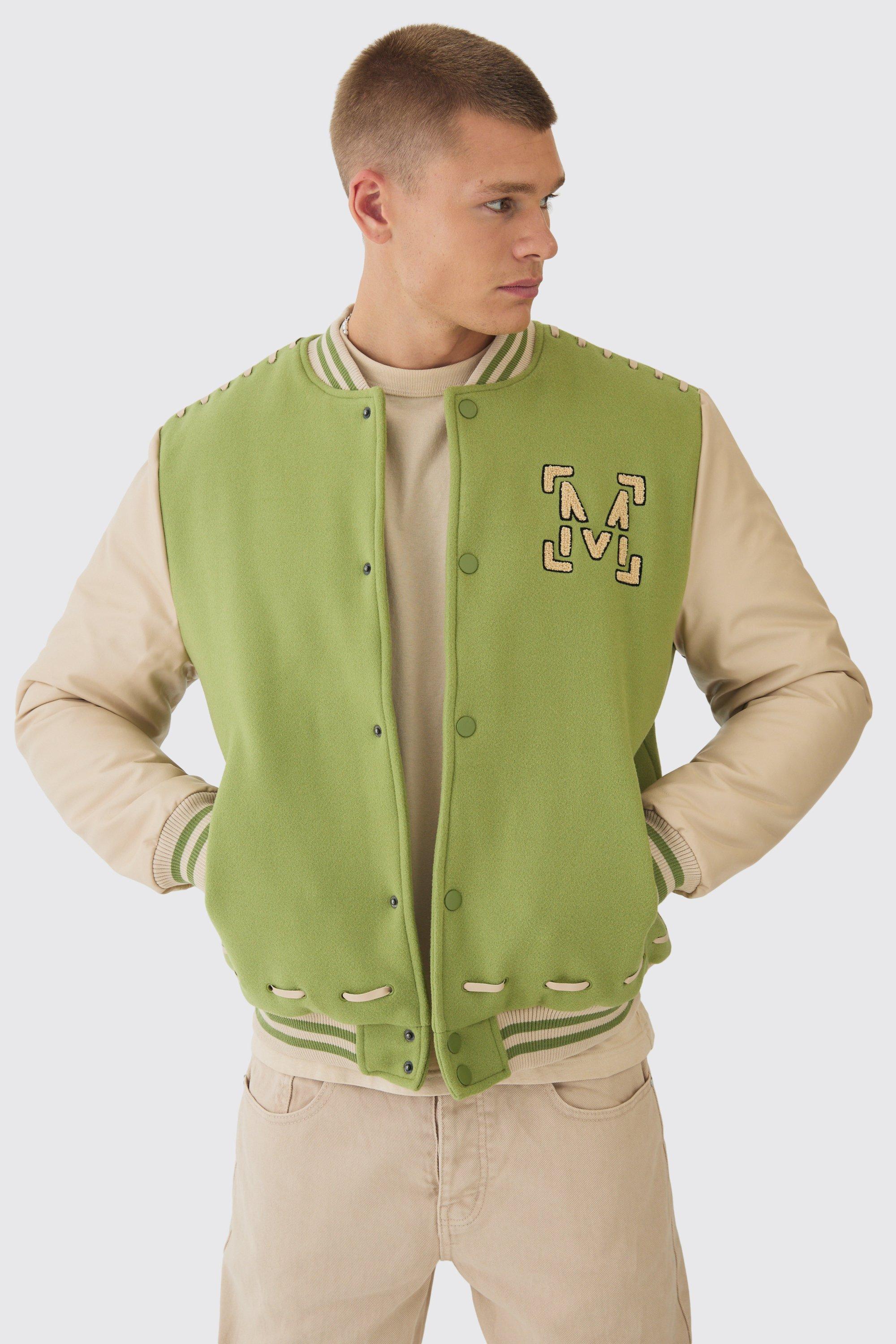 Man Pu Thread Detail Varsity Jacket In Green