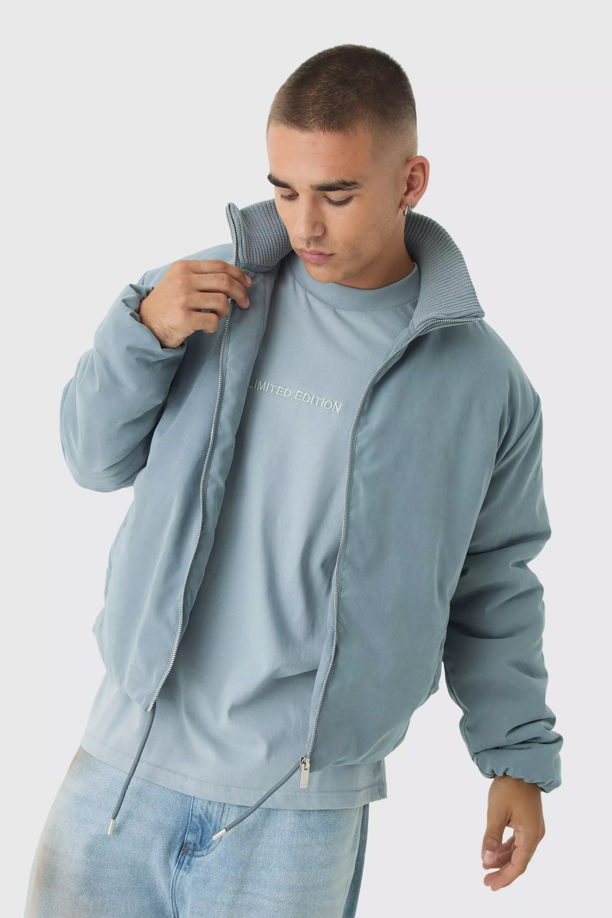 Light blue Blauw Boxy Geribbeld Bomberjack Met Kraag alternatieve afbeelding