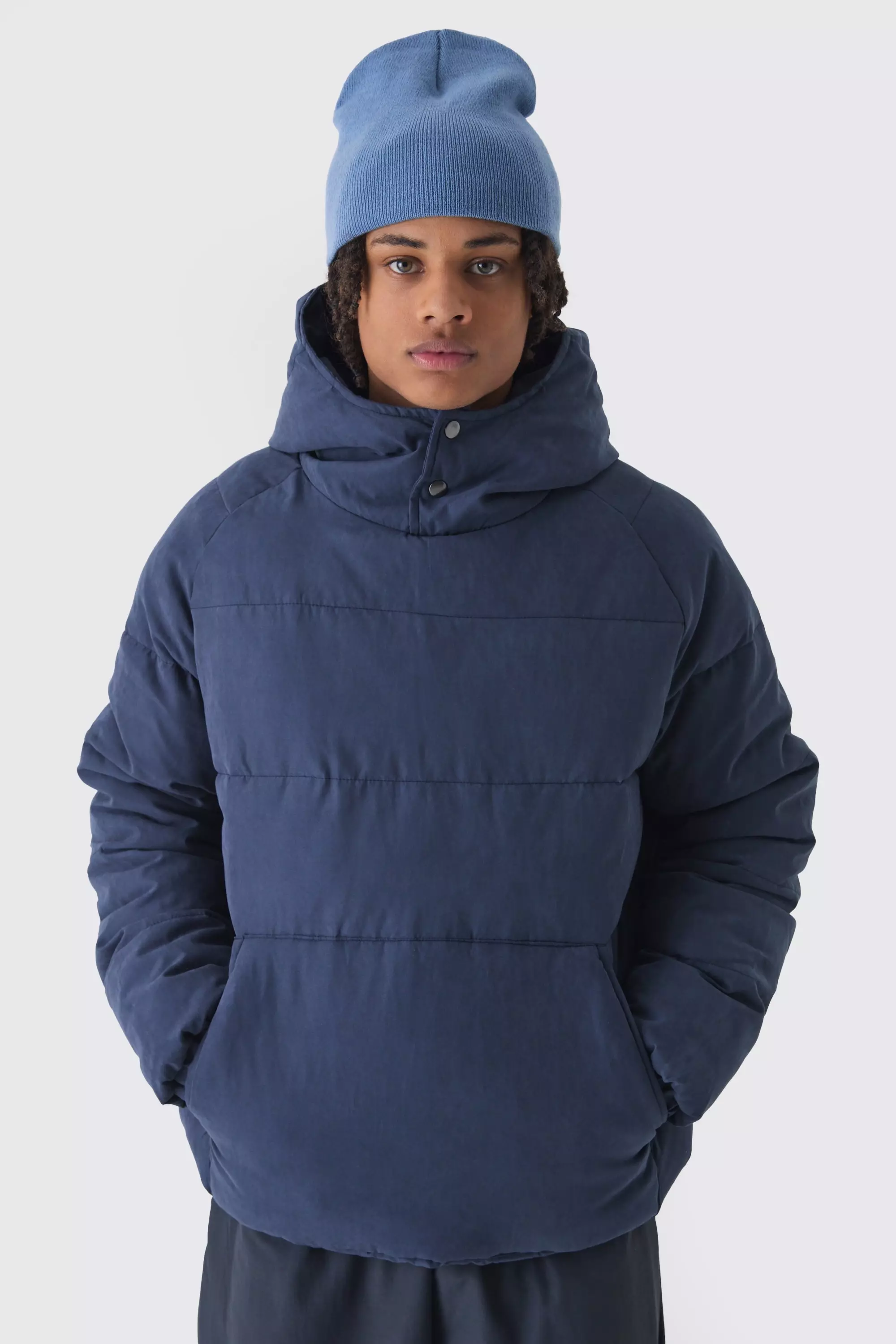 Hooded Pullover Puffer Jacket In Navy Navy