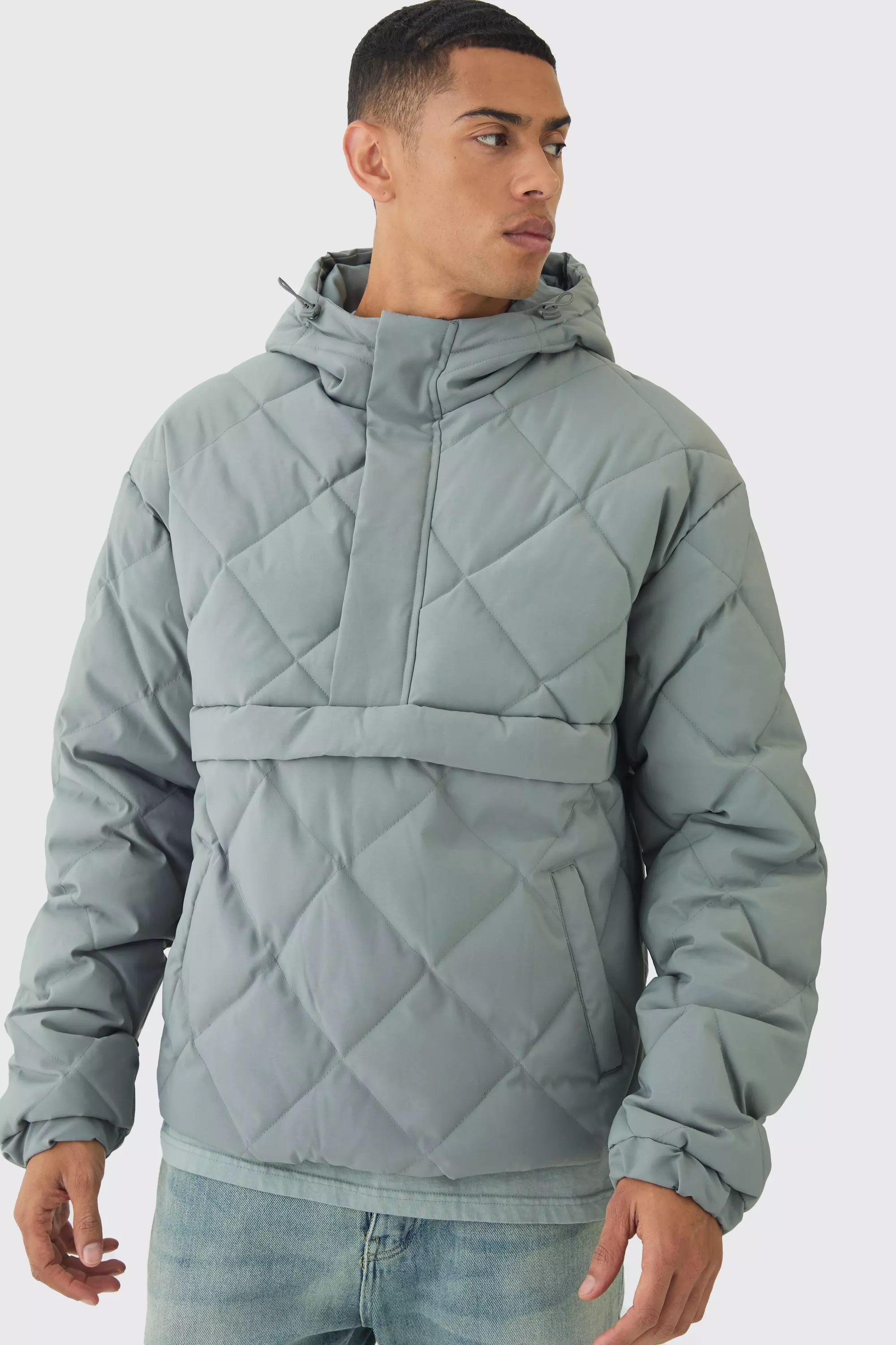 Half Zip Hooded Quilted Puffer Jacket In Slate Slate