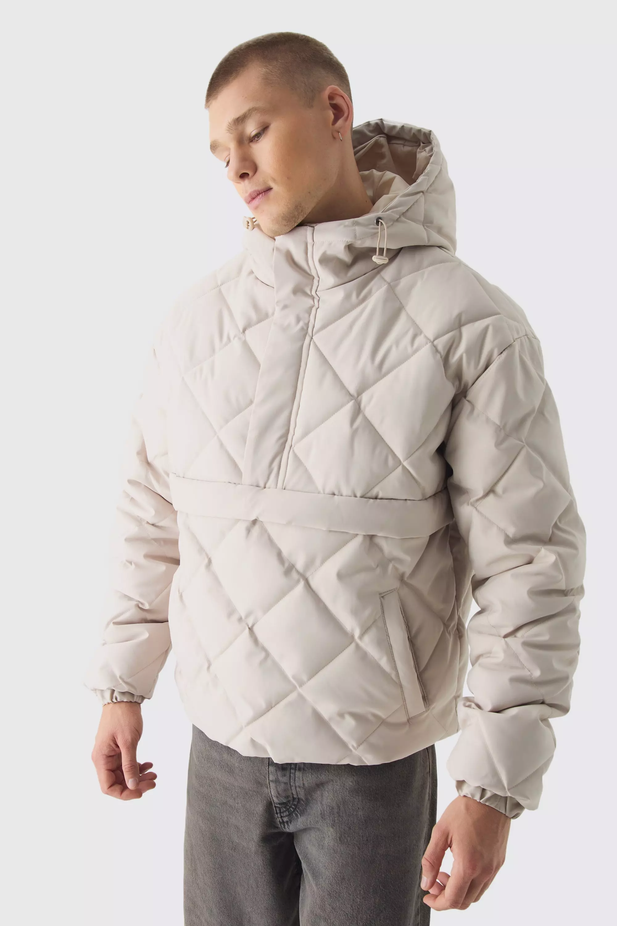 Half Zip Hooded Quilted Puffer Jacket In Stone Stone