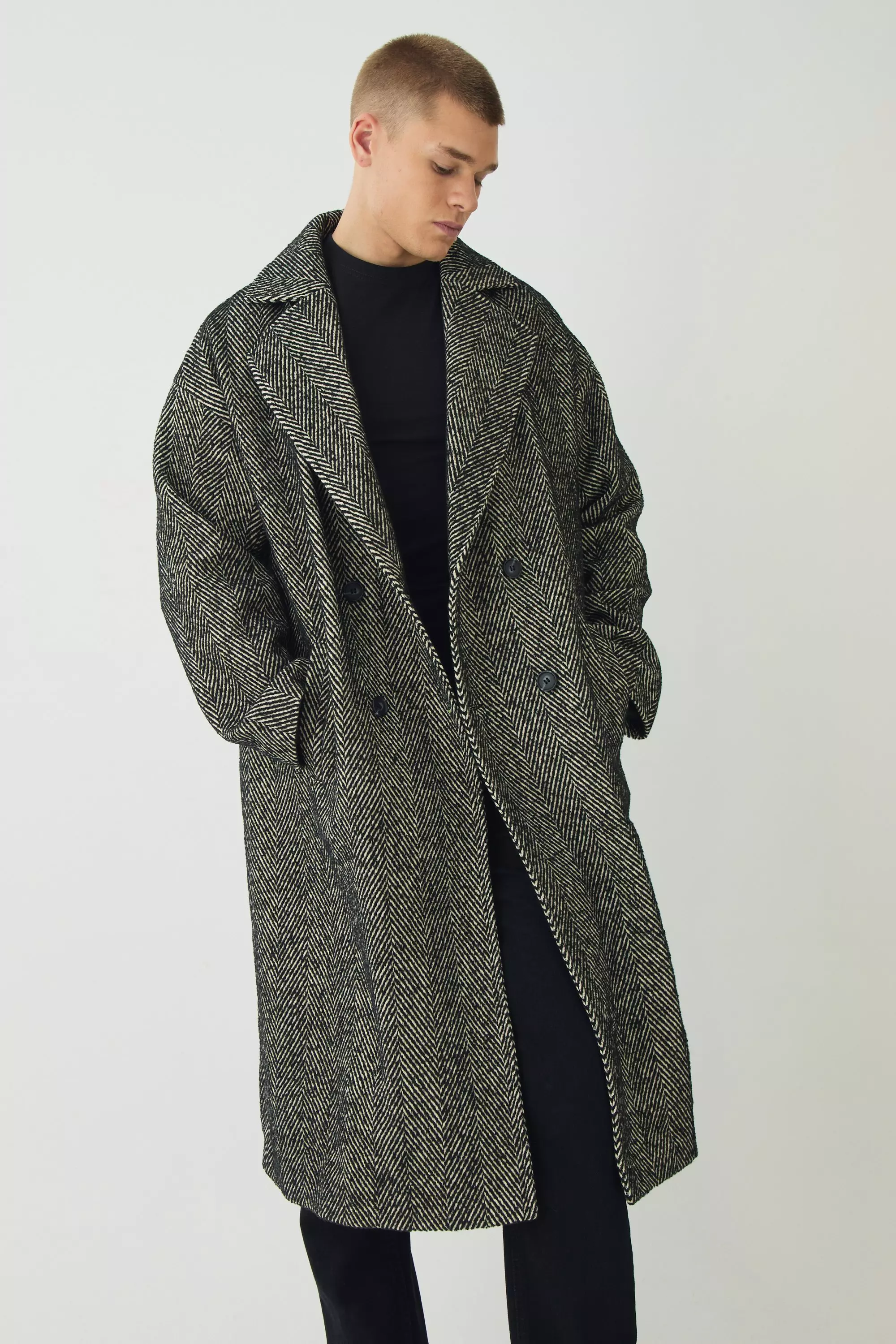 Oversized Longline Herringbone Overcoat In Black Black