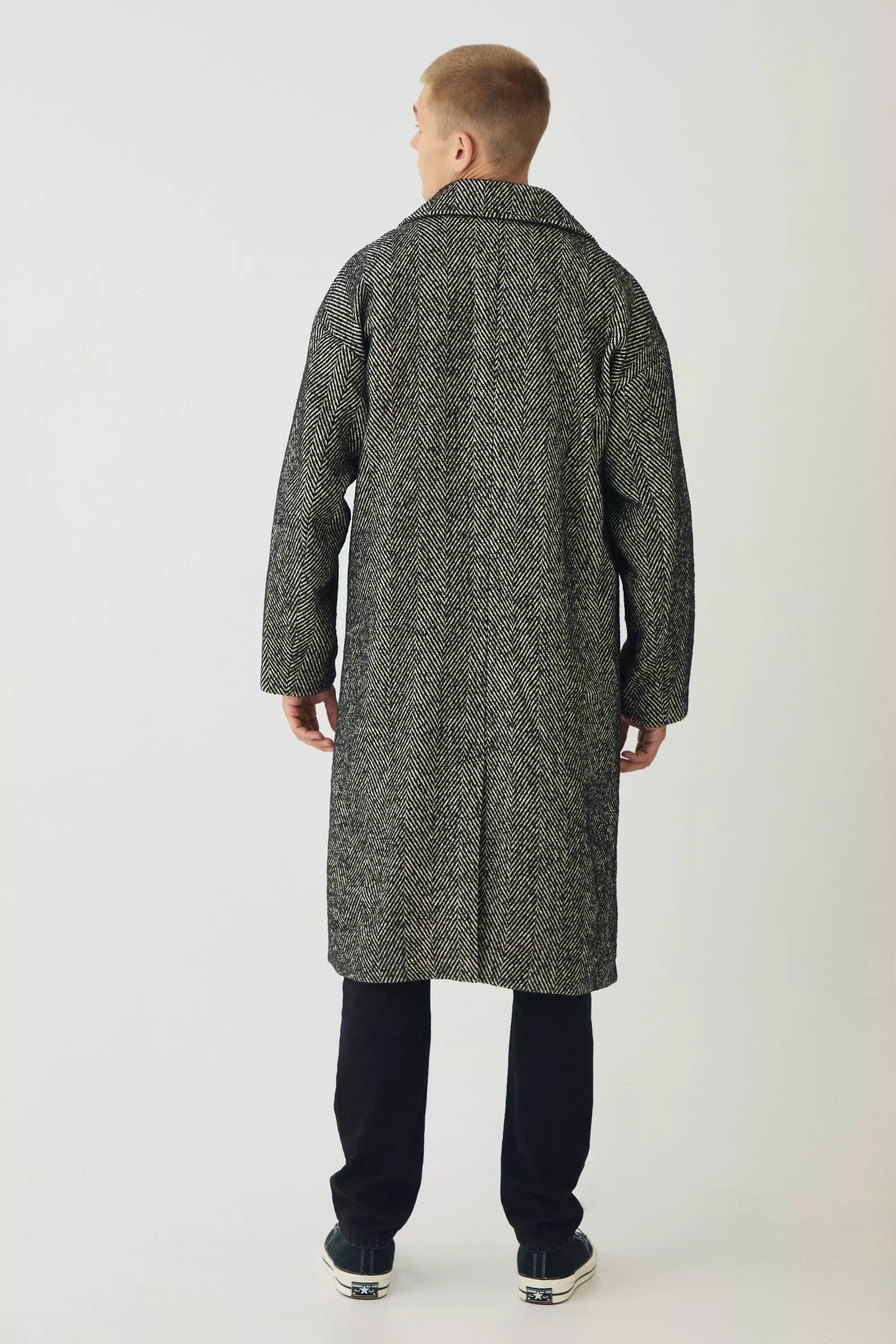 Oversized Longline Herringbone Overcoat In Black alternative image