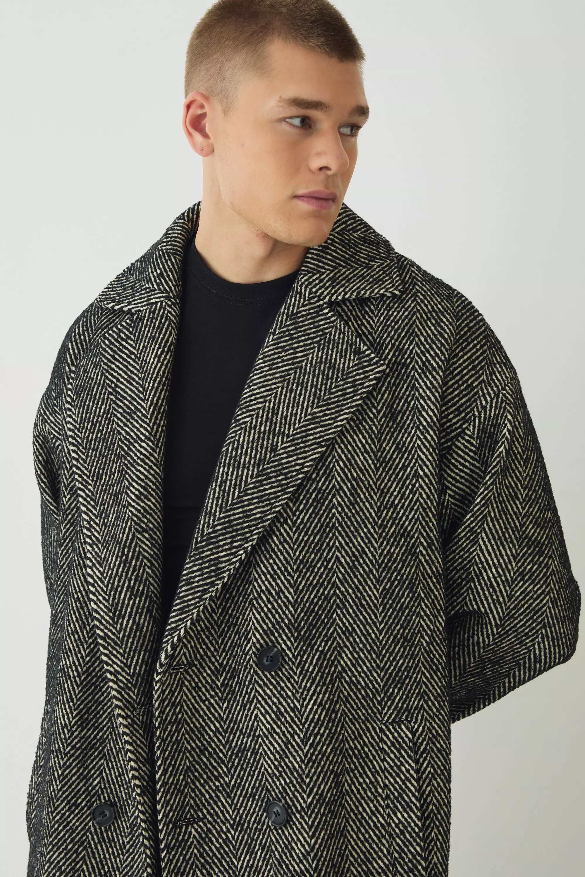 Oversized Longline Herringbone Overcoat In Black alternative image
