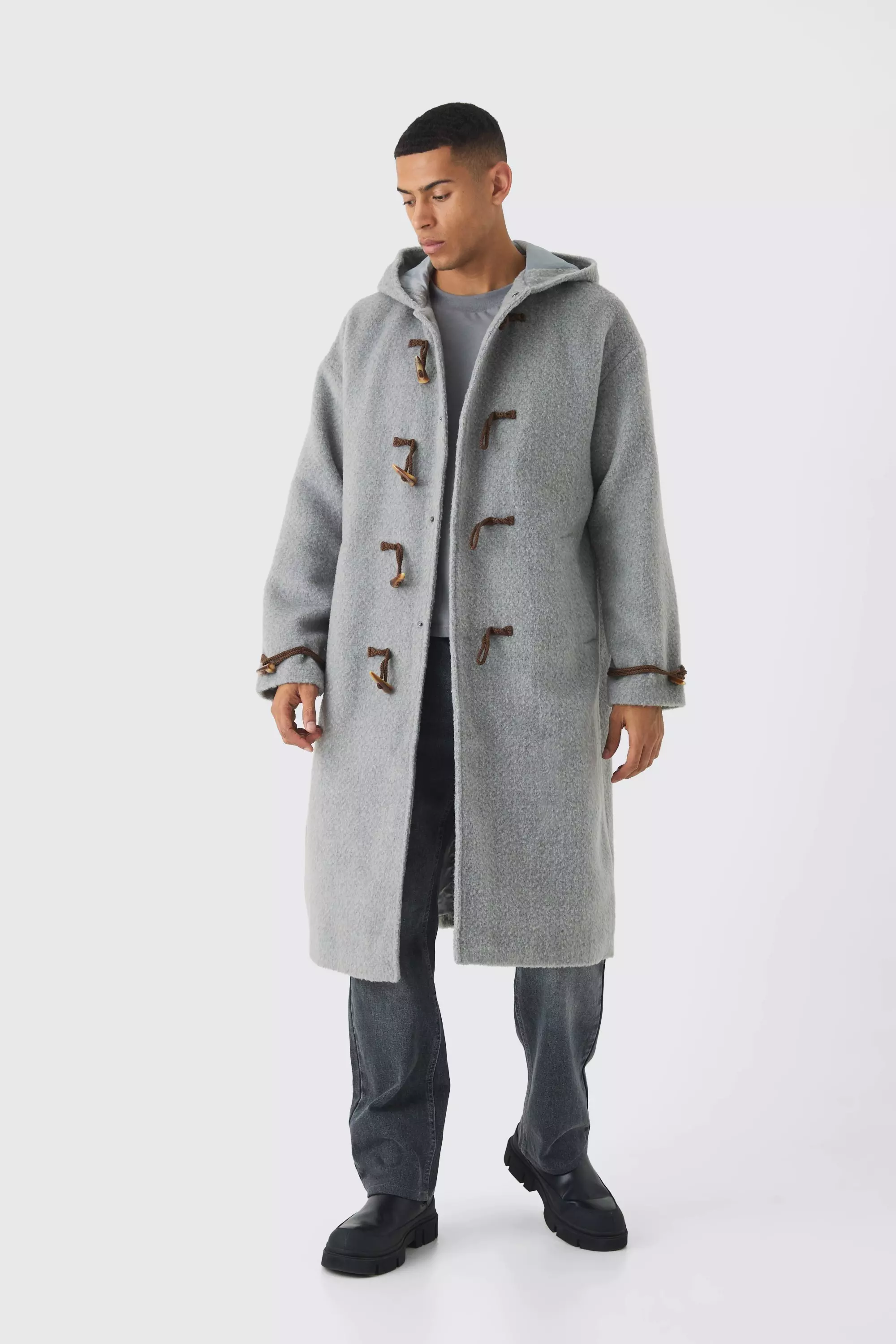 Oversized Brushed Duffle Overcoat In Grey Grey