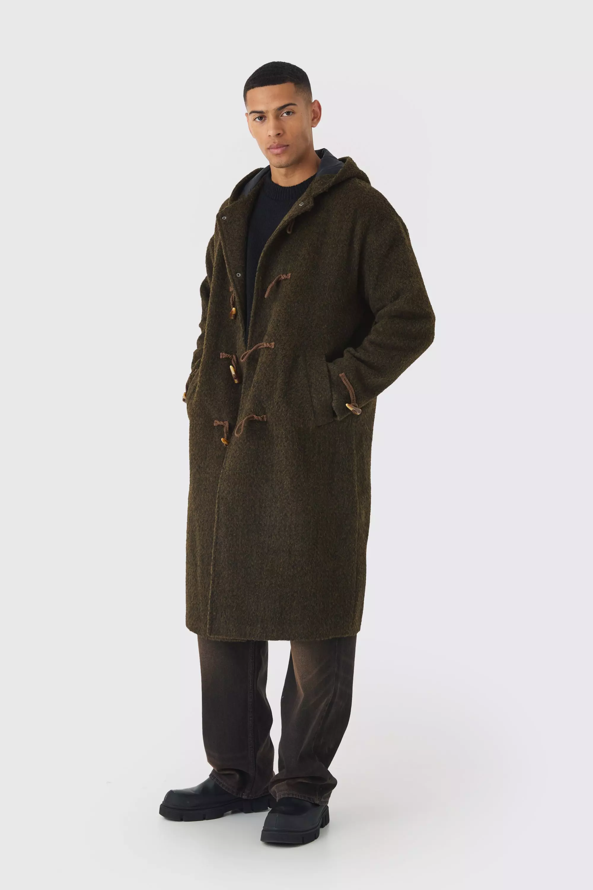 Oversized Brushed Duffle Overcoat In Khaki Khaki