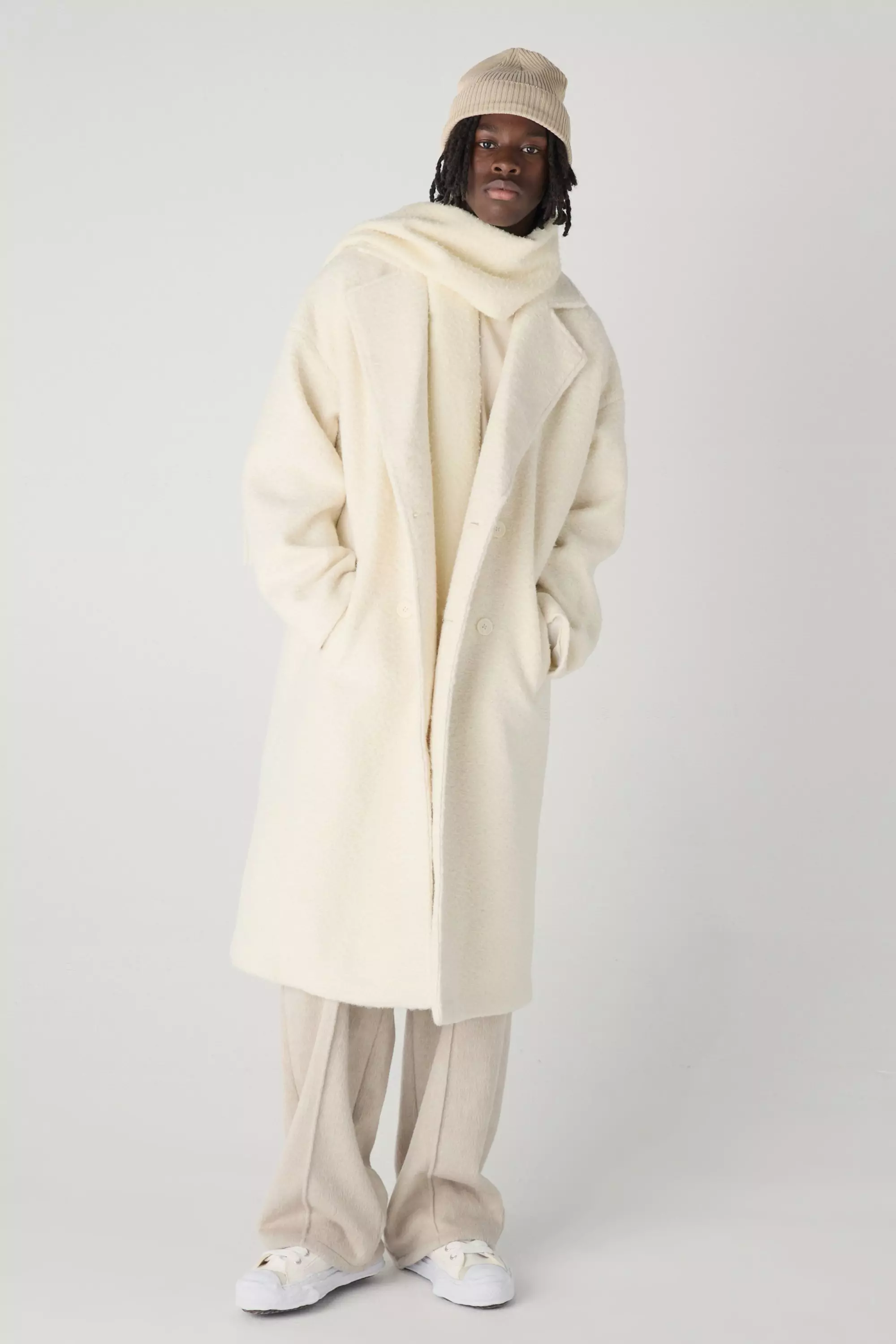 Oversized Longline Boucle Overcoat In Ecru Ecru