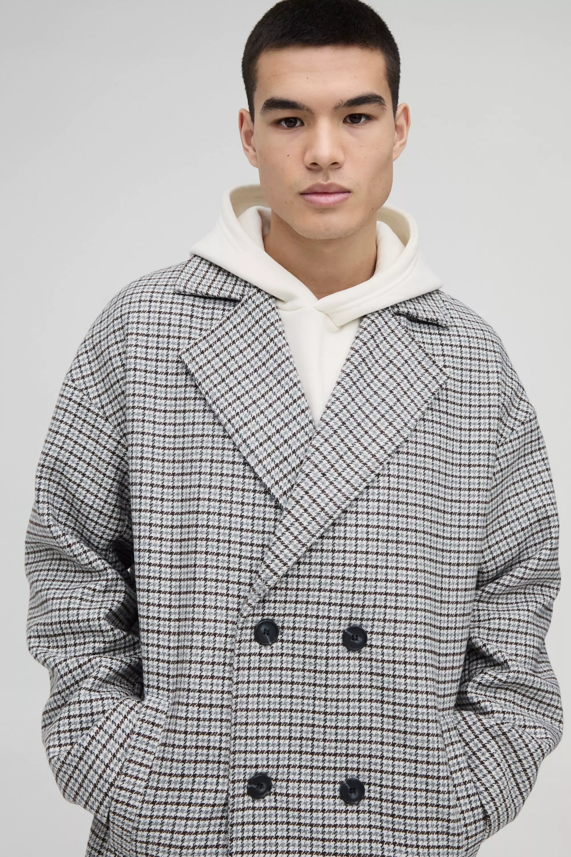 Soprabito Lungo Oversize A Quadri Grigio, Grey immagine alternativa