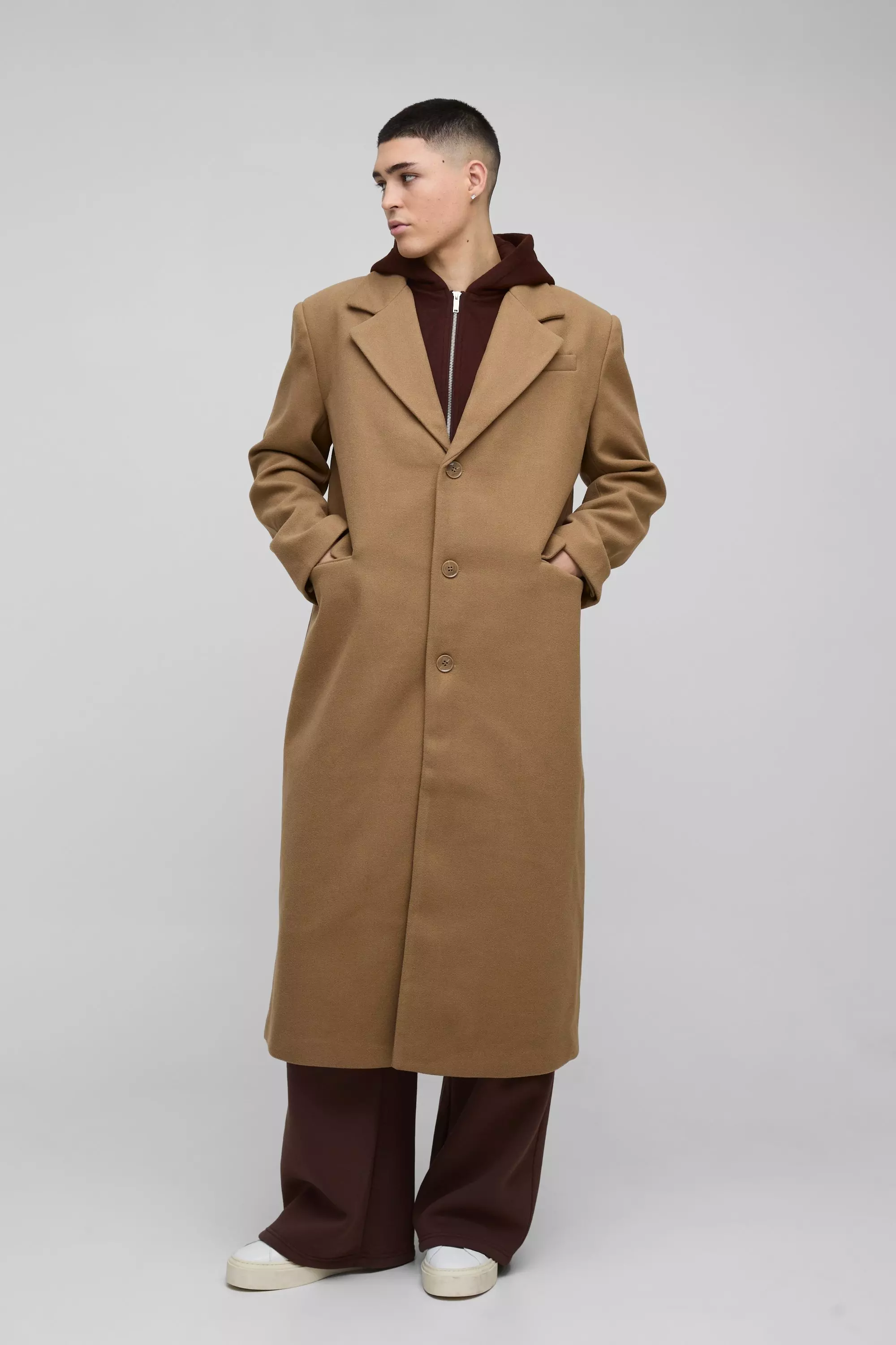 Oversized Overcoat With Faux Hooded Jersey Layer In Tan Tan