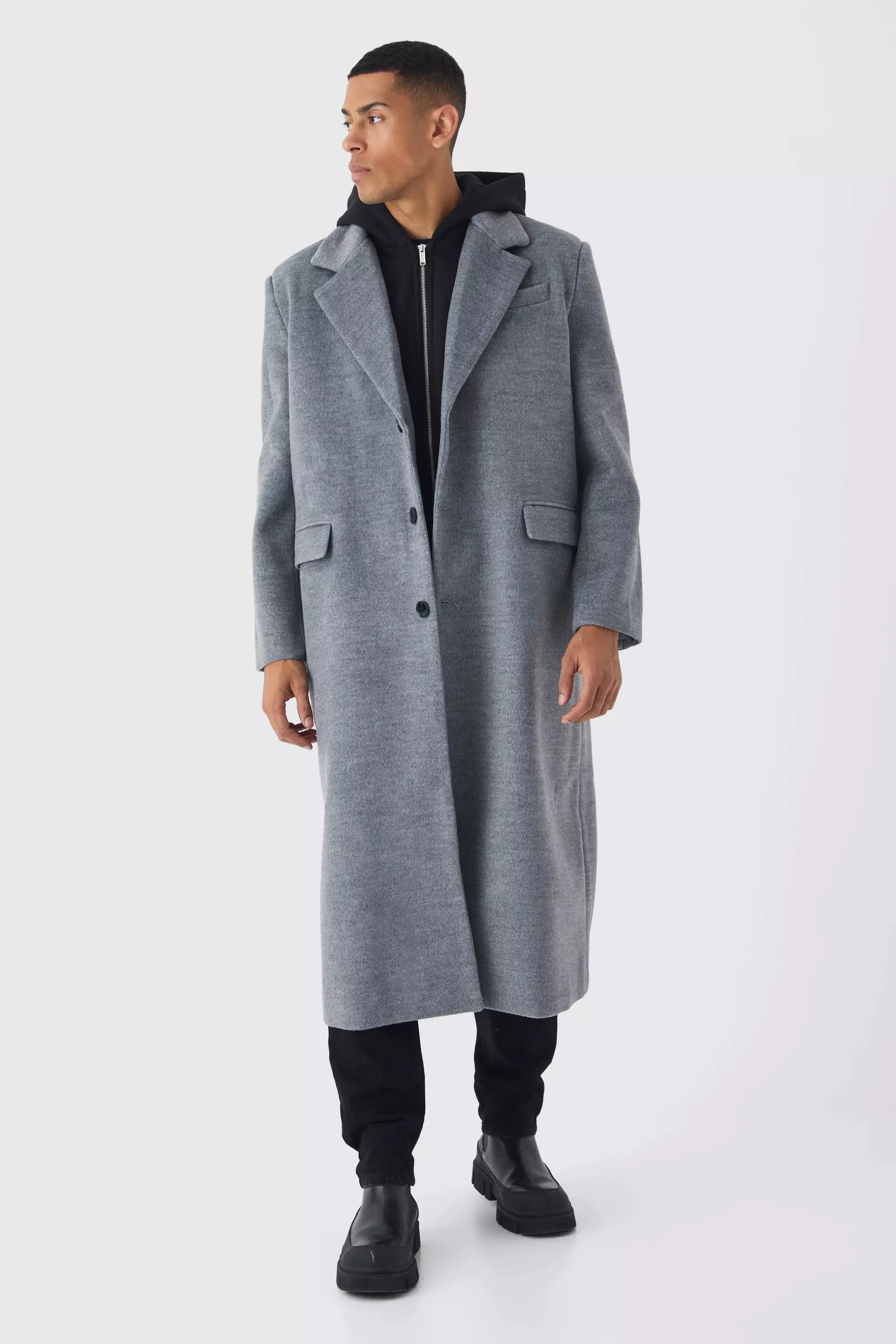 Oversized Overcoat With Faux Hooded Jersey Layer In Grey Grey