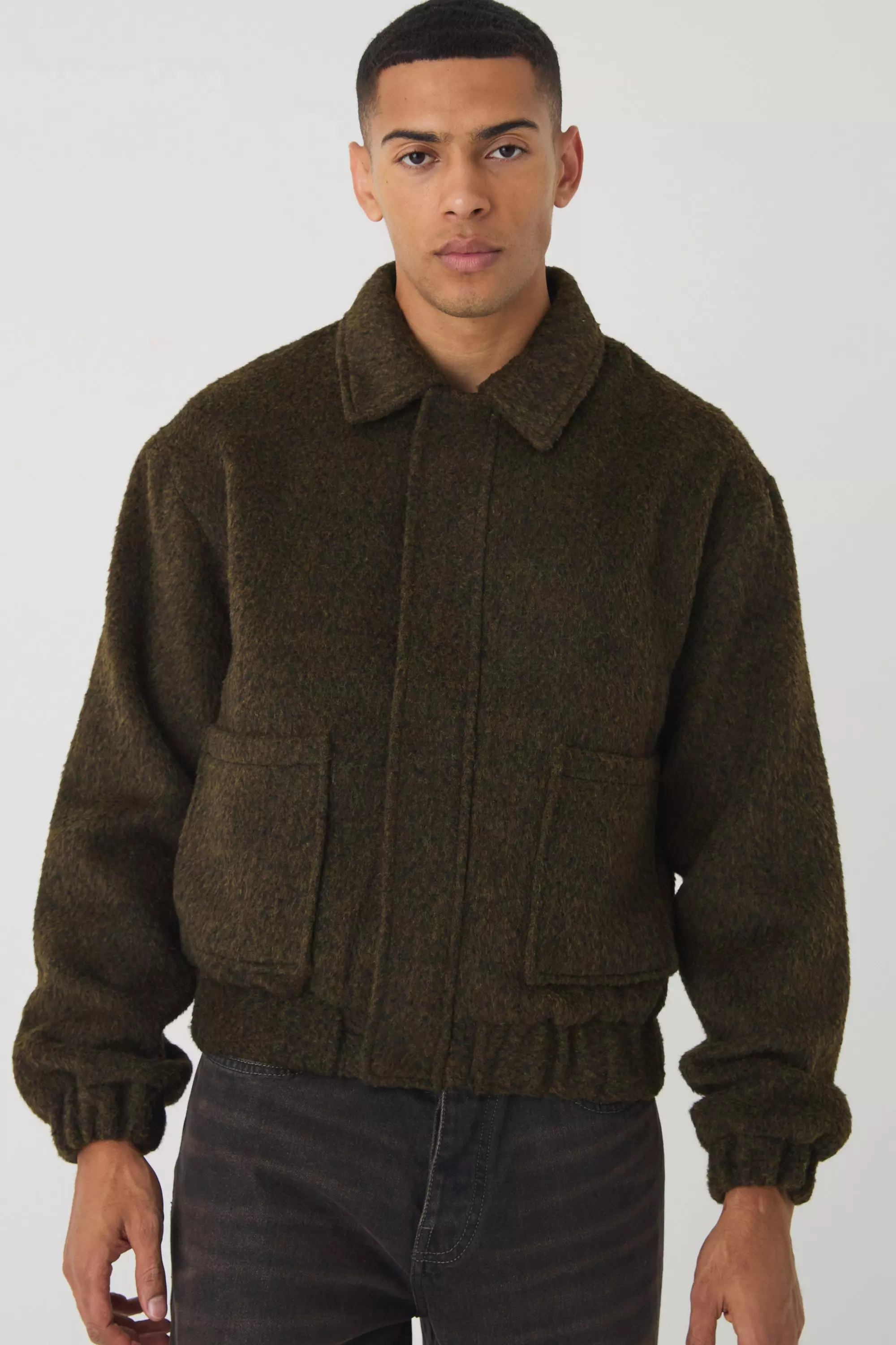 Boxy Brushed Wool Look Harrington Jacket In Khaki alternative image