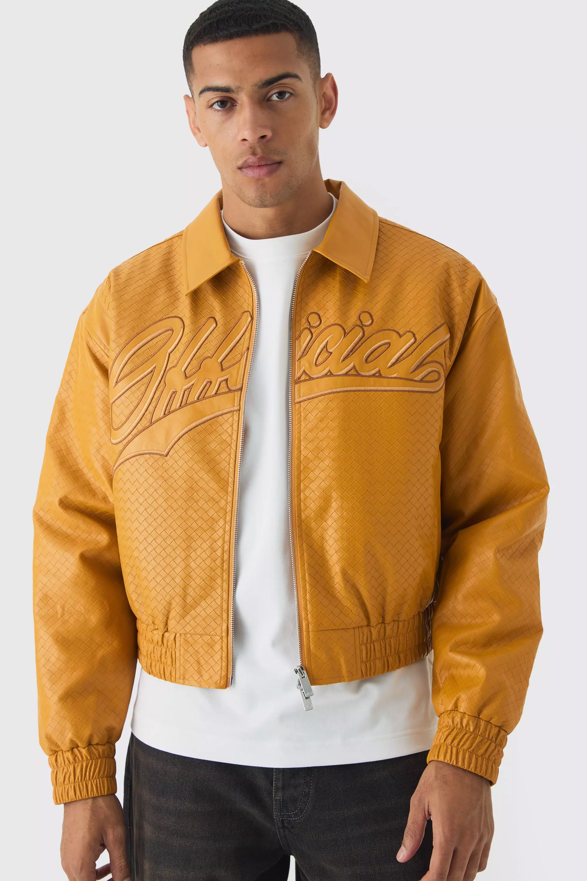 Yellow Boxy Official Dice Weave PU Bomber Jacket In Yellow