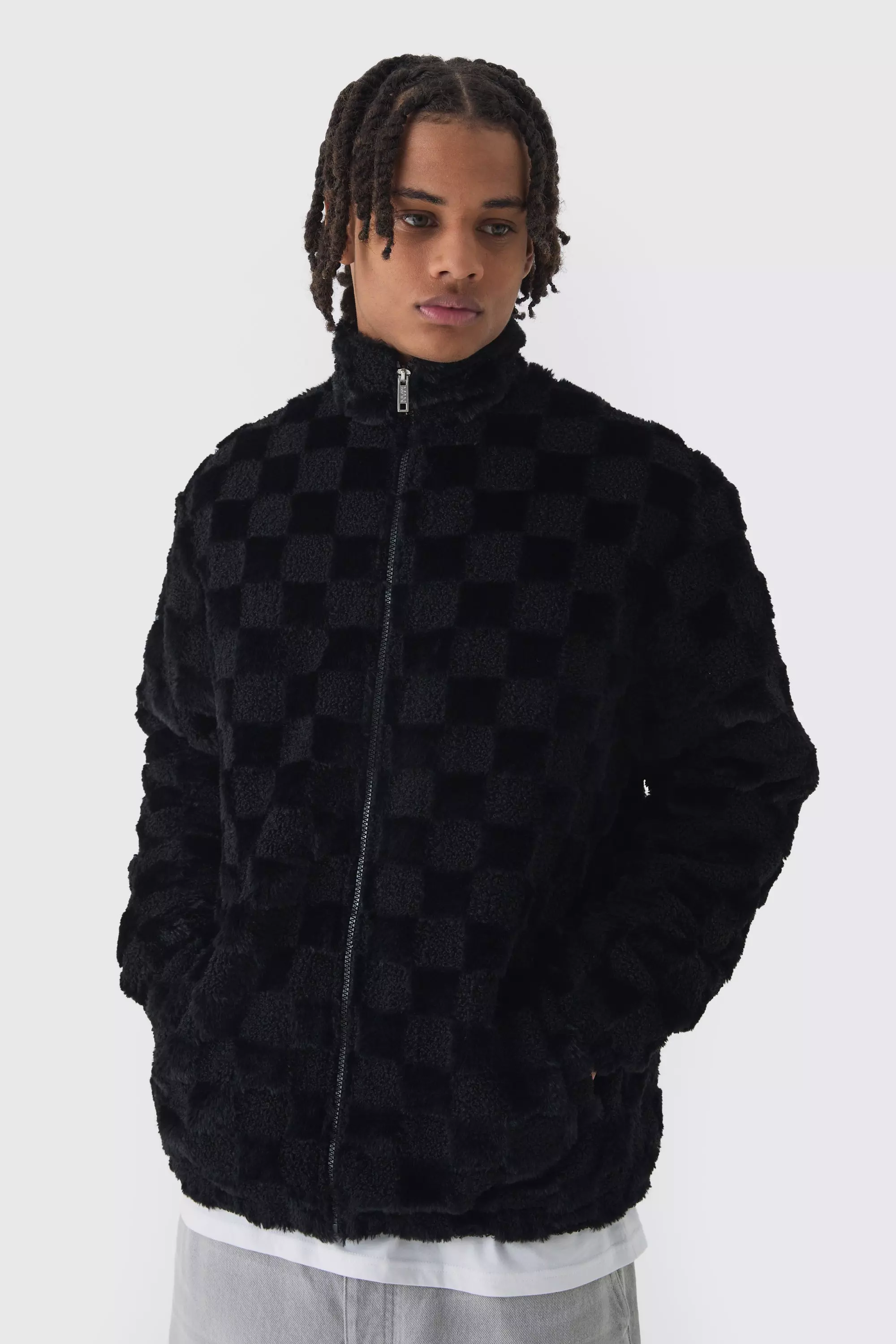 Oversized Faux Fur Check Funnel Neck Jacket In Black Black