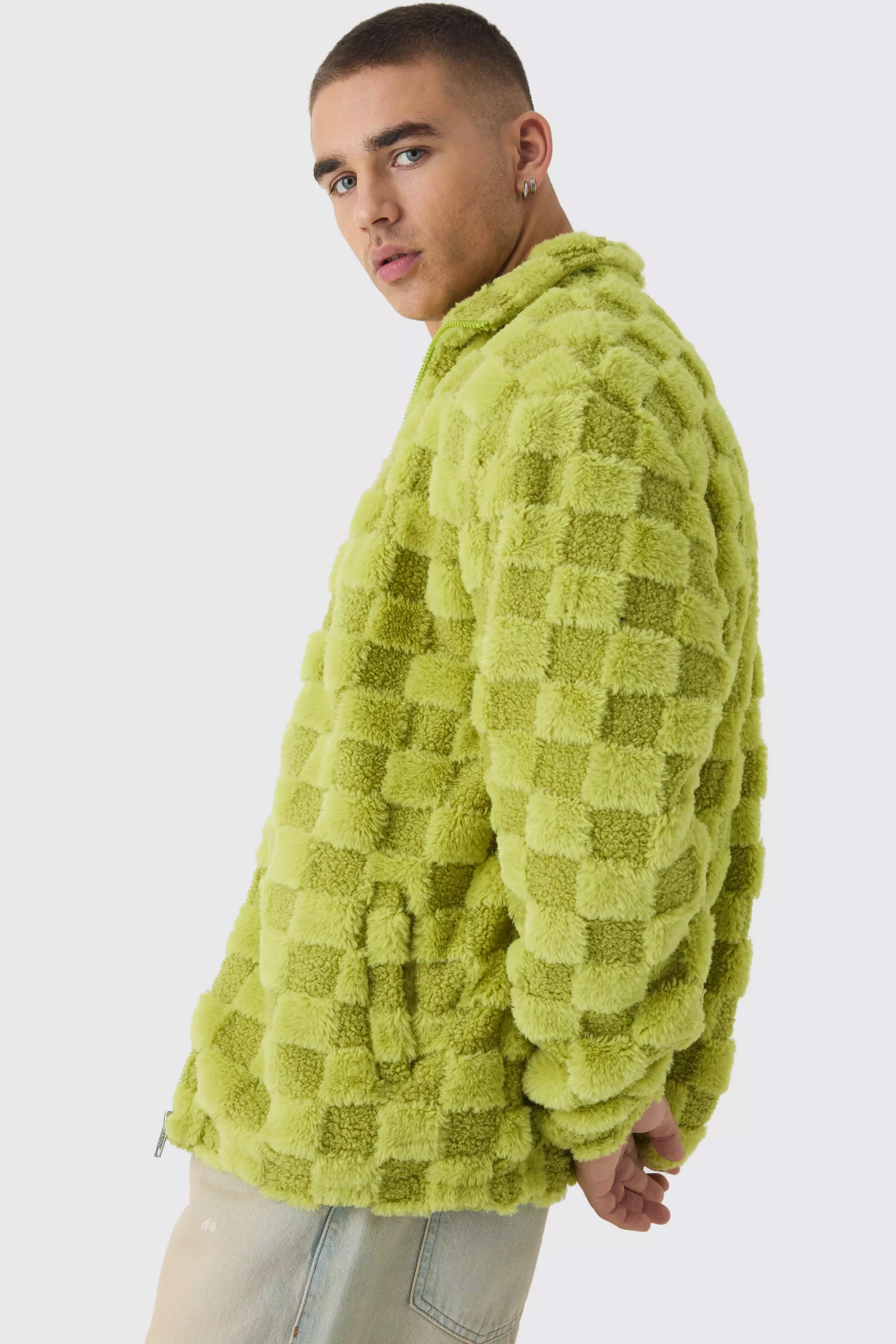 Oversized Faux Fur Plaid Funnel Neck Jacket In Lime Lime