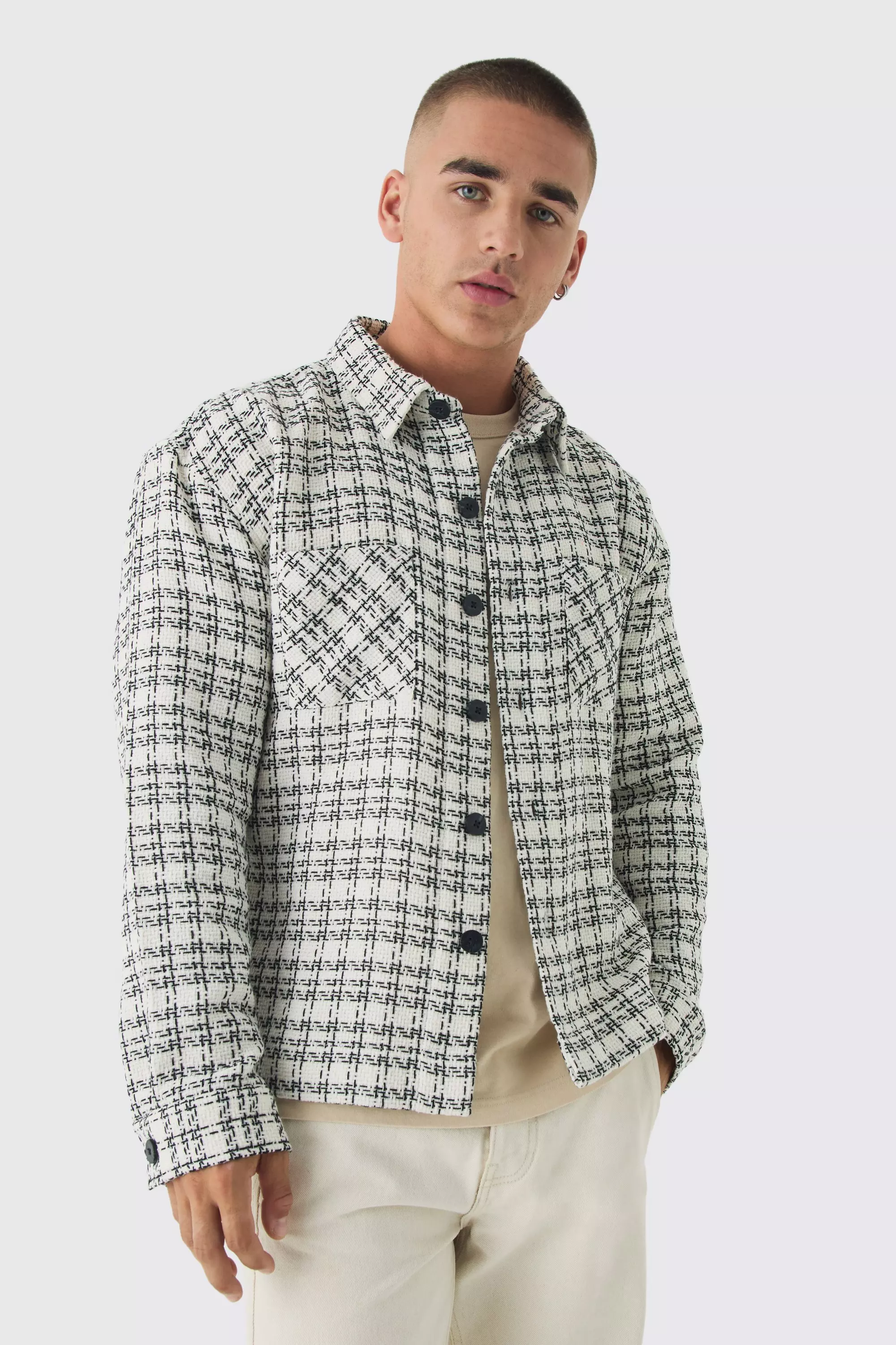 White Regular Boucle Plaid Overshirt