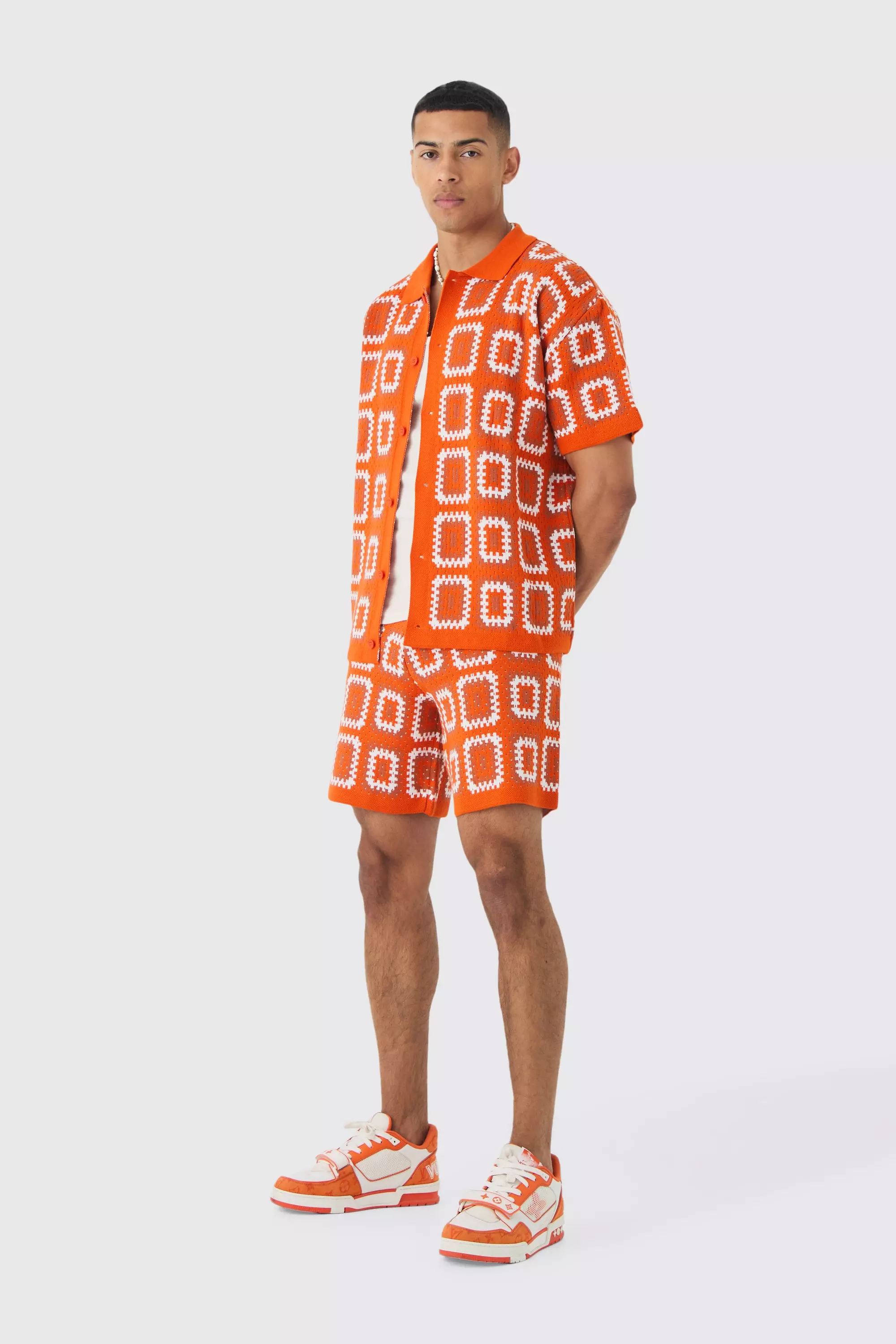 Oversized Boxy Crochet Knit Shirt And Short Set Orange