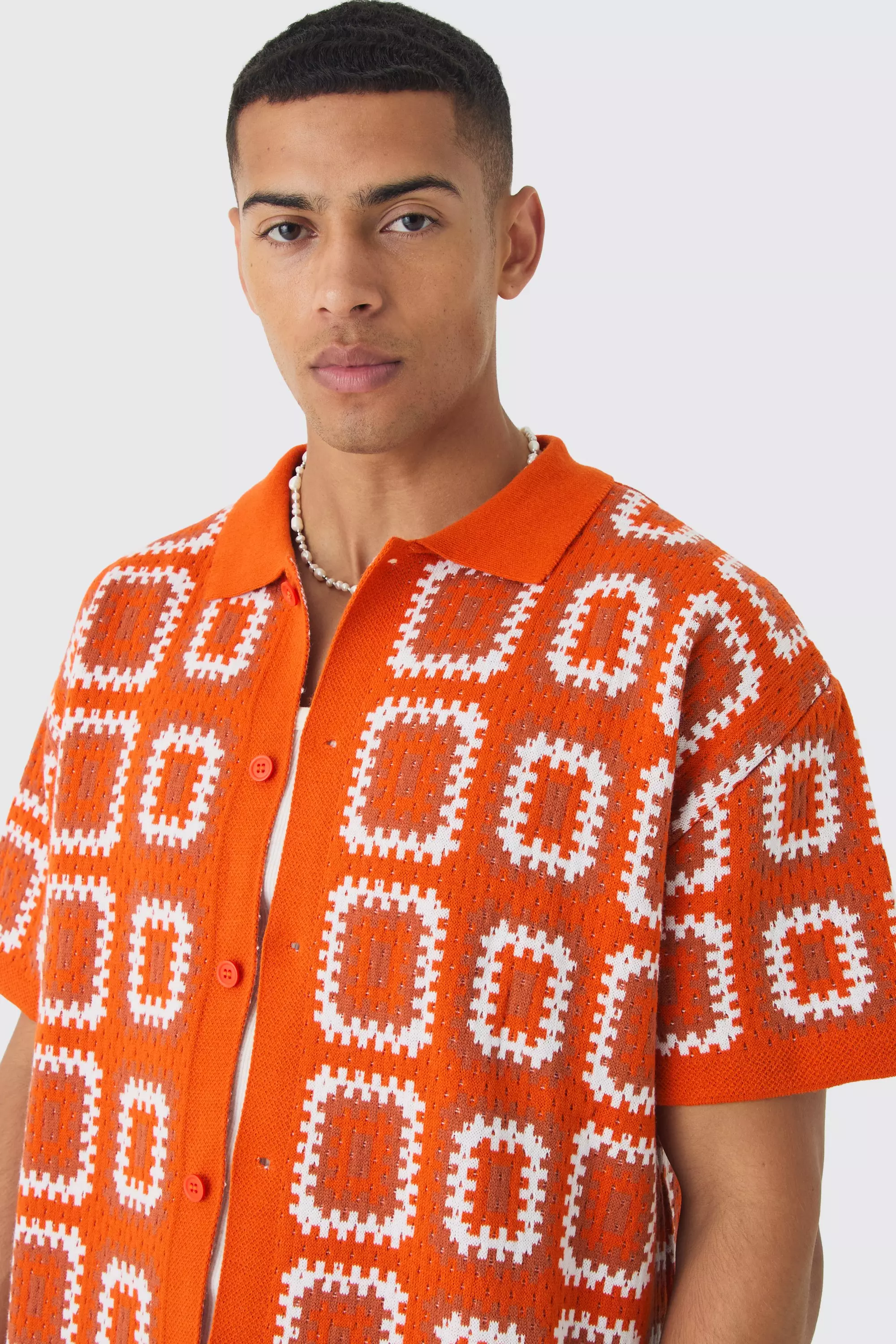 Oversized Boxy Crochet Knit Shirt And Short Set | boohooMAN USA