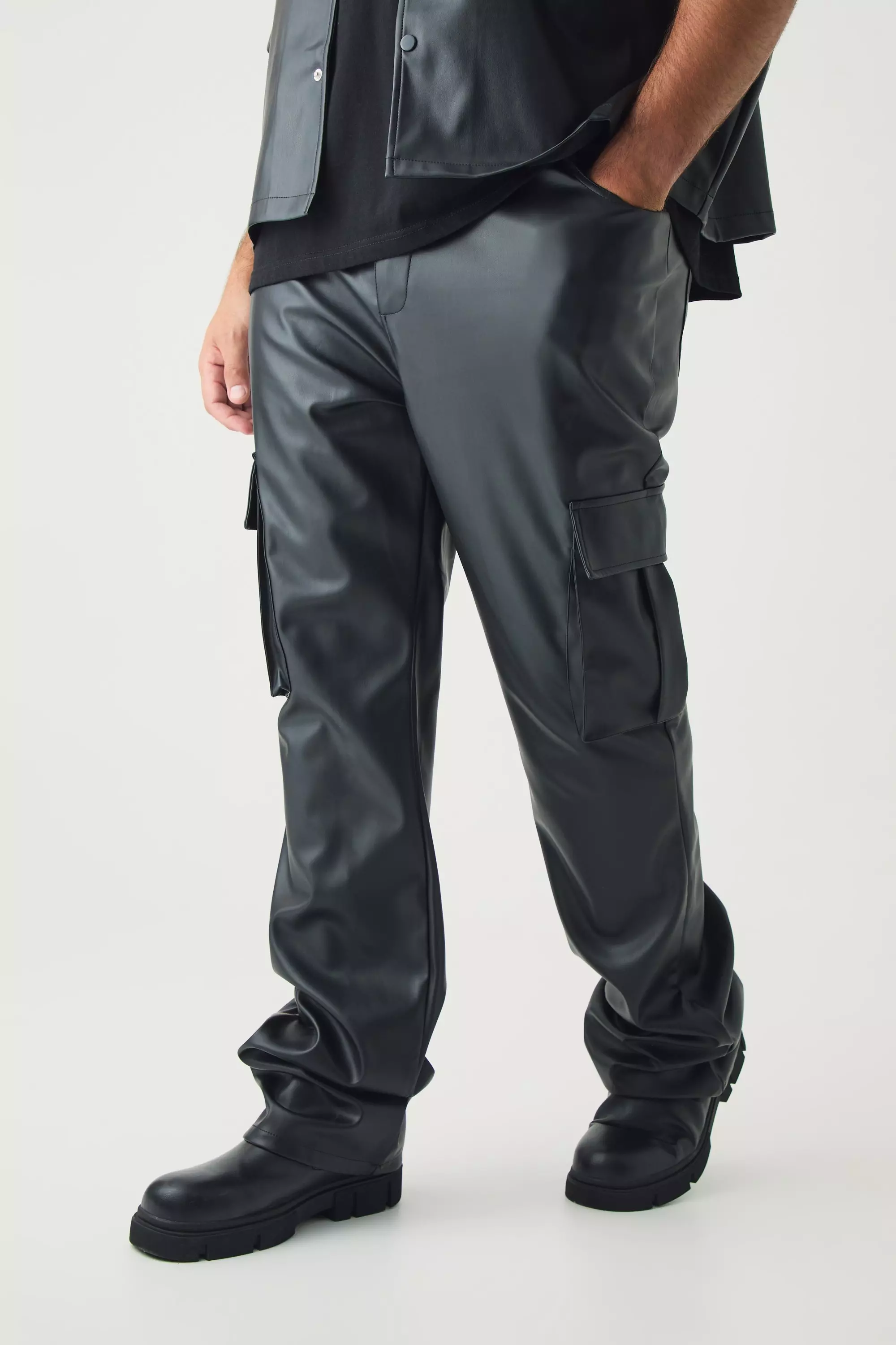 Black Plus PU Cargo Stacked Flared Pants