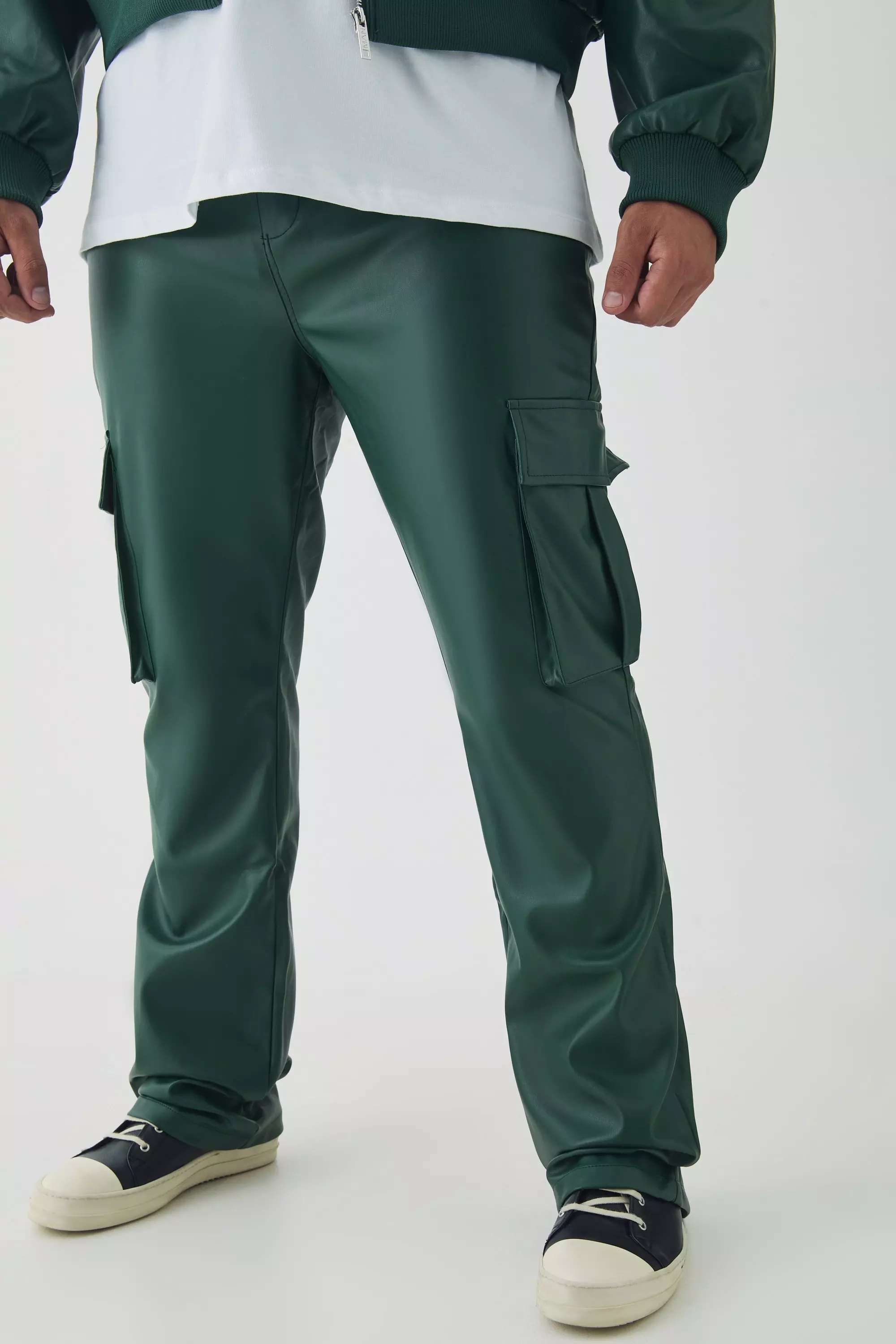 Plus Pu Cargo Stacked Flared Pants Forest