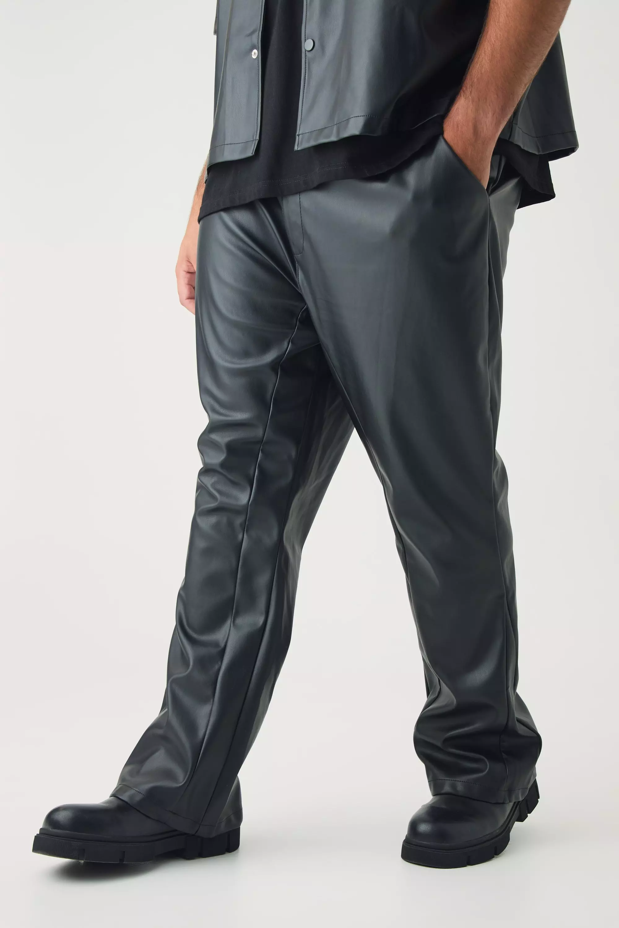 Plus PU Slim Fit Flared Pants Black