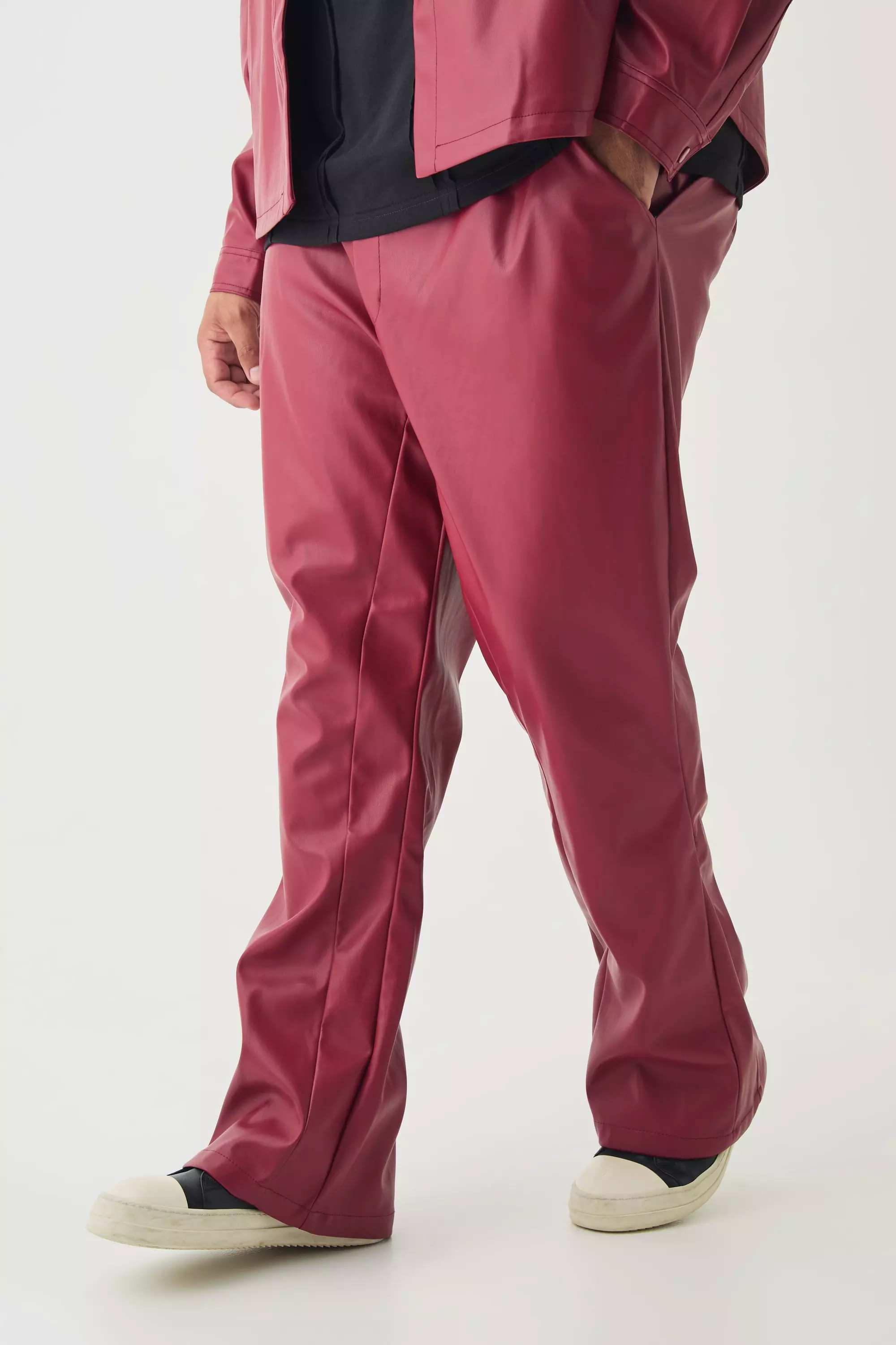 Plus PU Slim Fit Flared Pants cherry