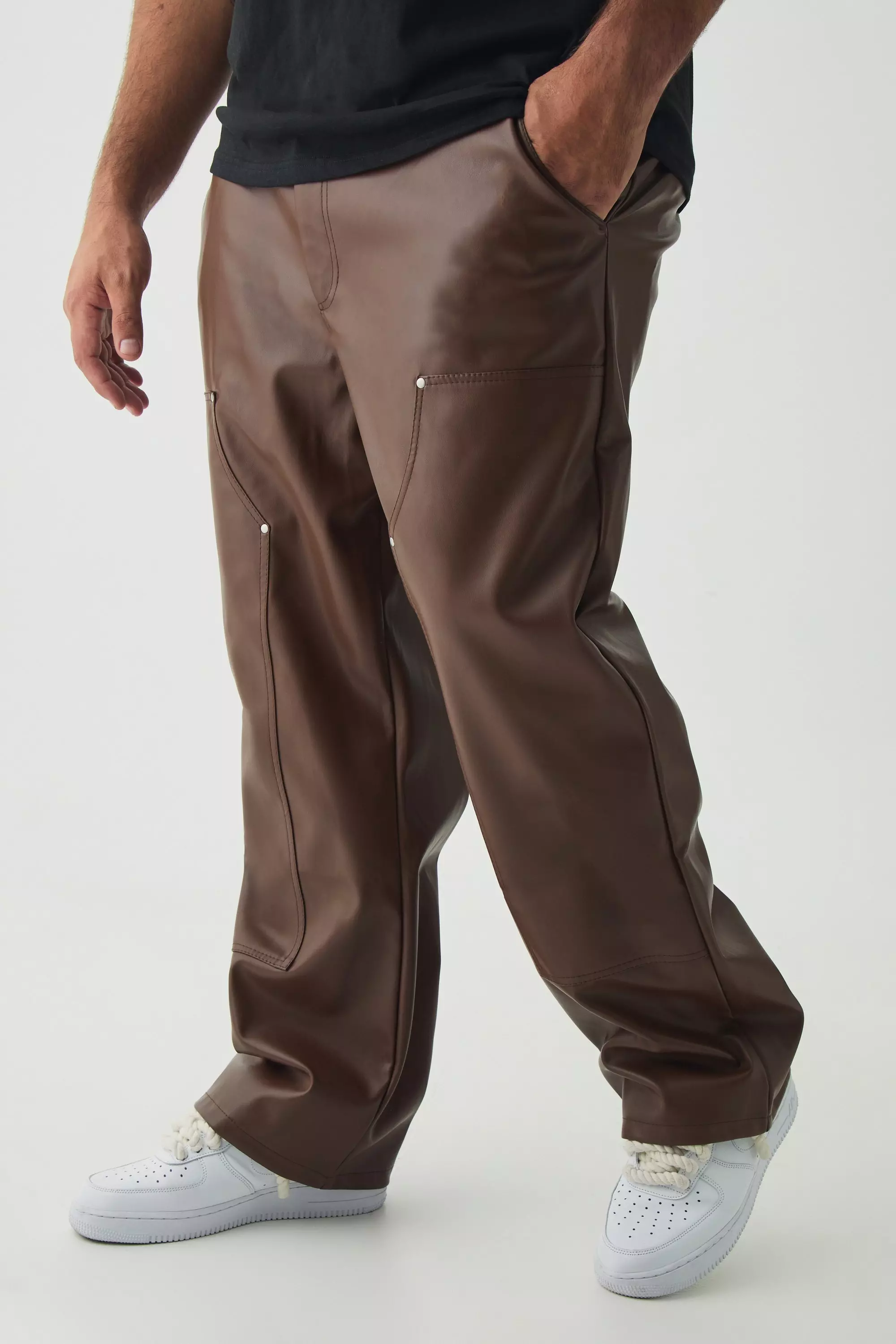 Plus PU Relaxed Fit Carpenter Pants coffee