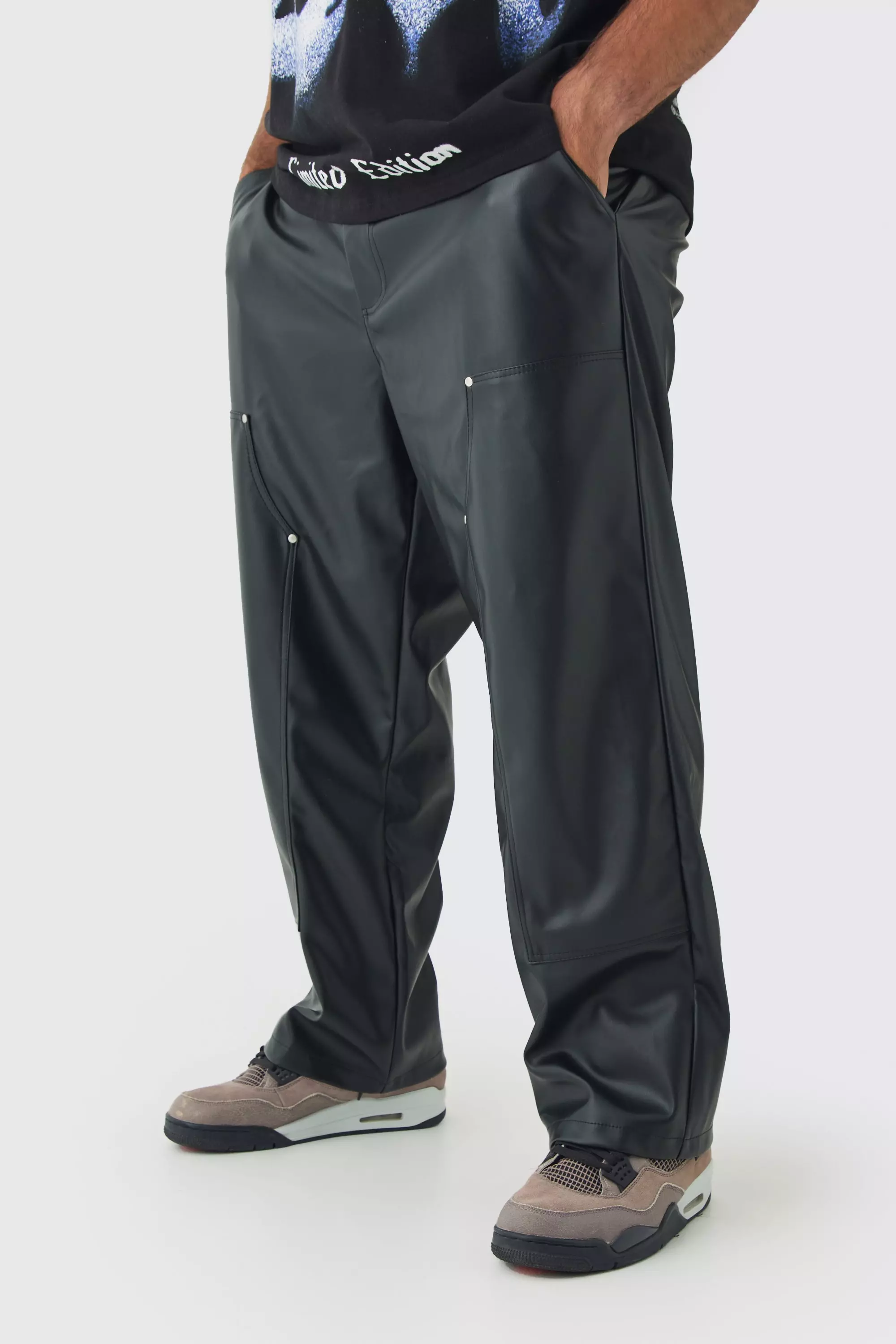 Black Plus PU Relaxed Fit Carpenter Pants