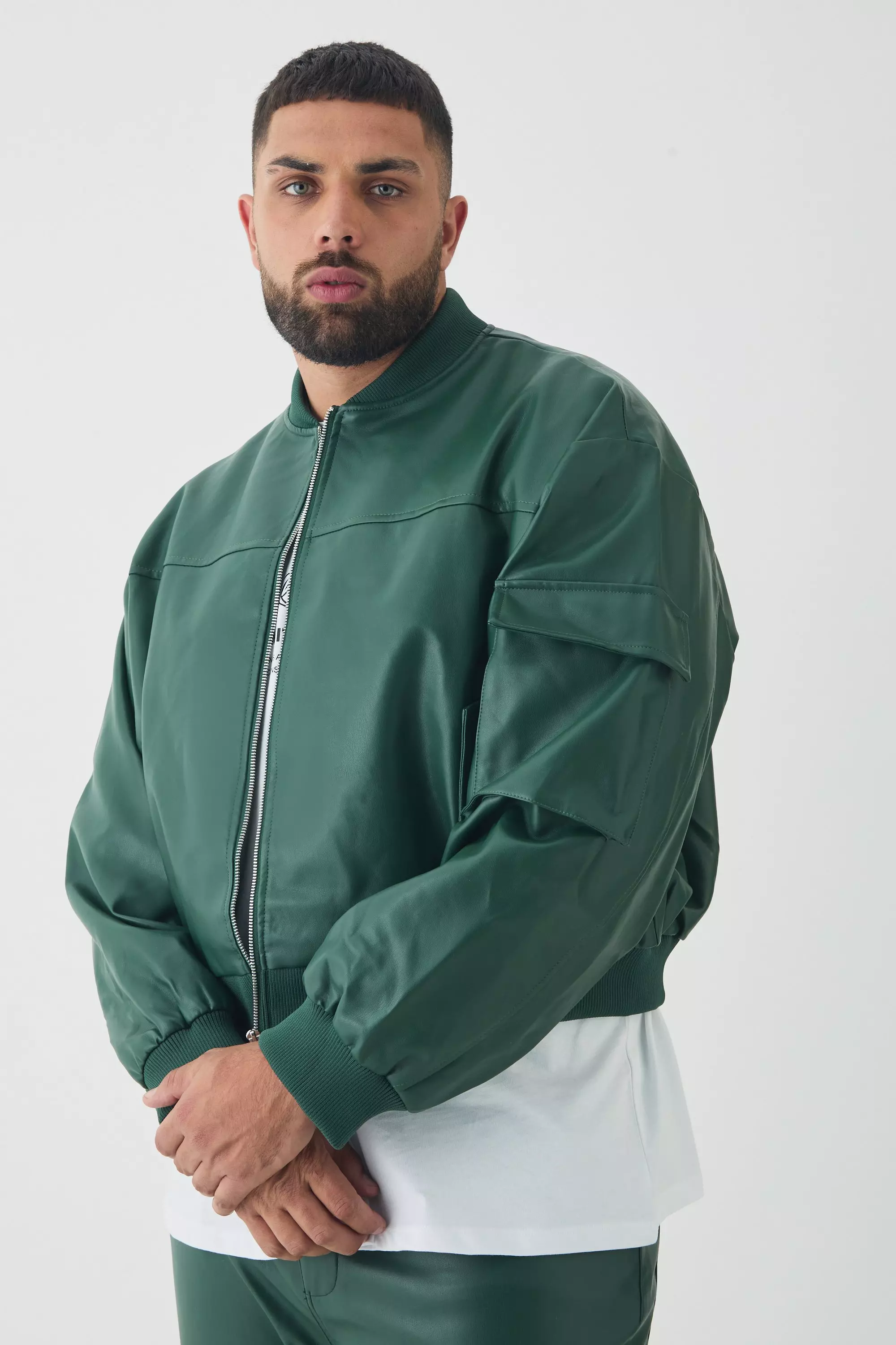 Plus PU Boxy Oversized Cargo Bomber Jacket Forest