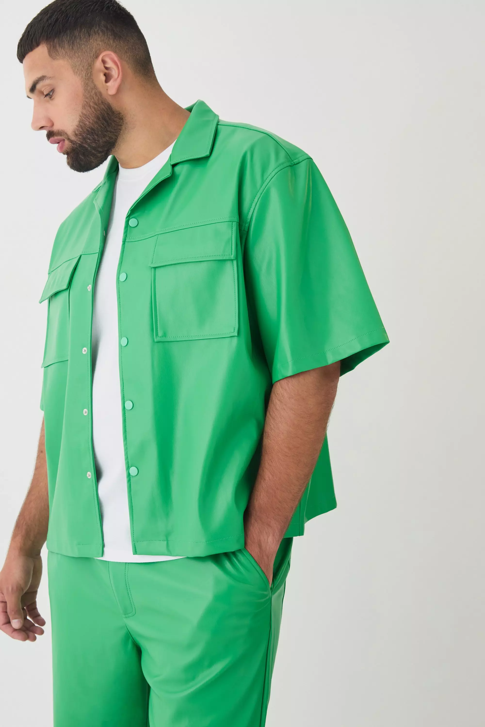 Plus PU Short Sleeve Overshirt Green