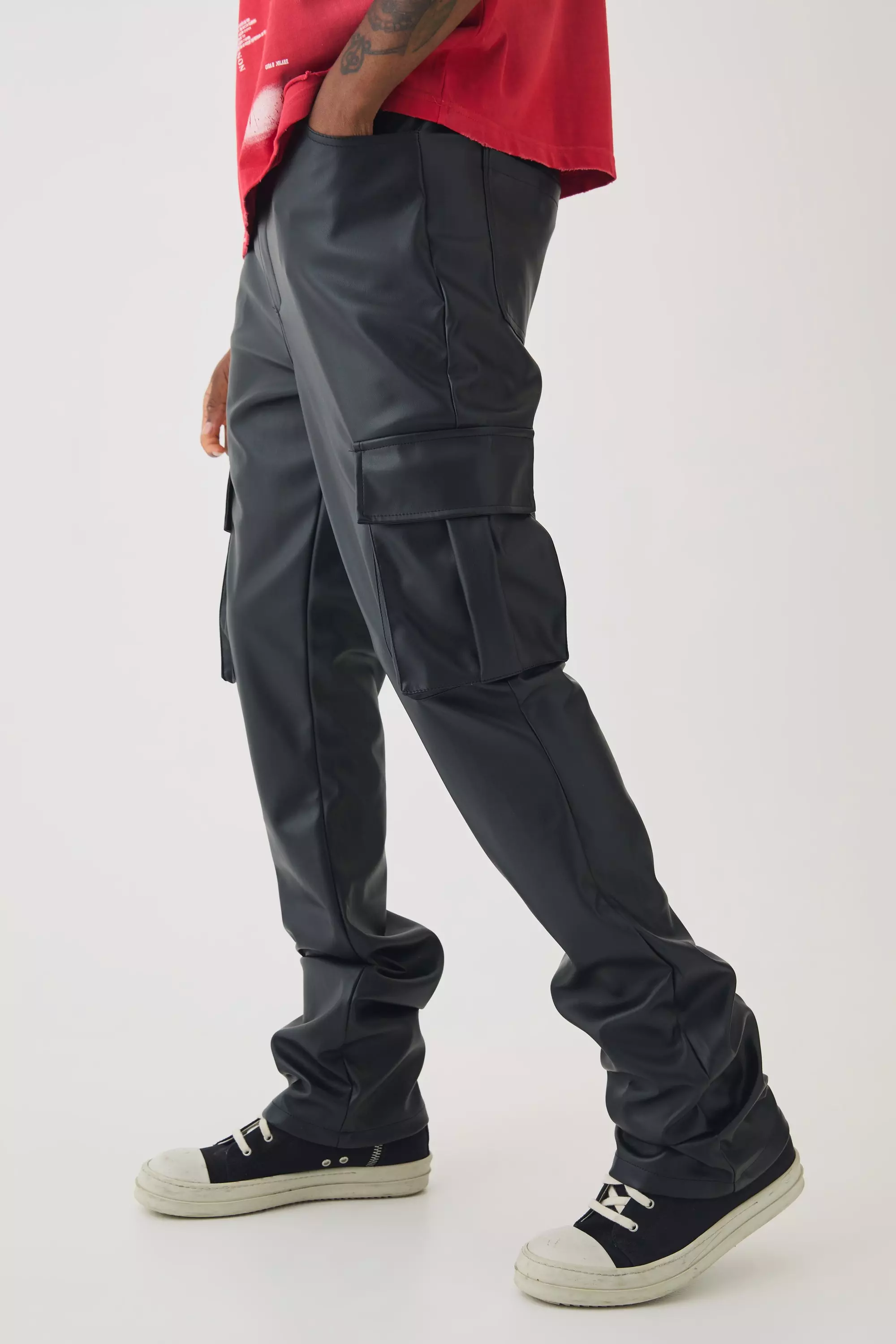 Black Tall PU Cargo Stacked Flared Pants