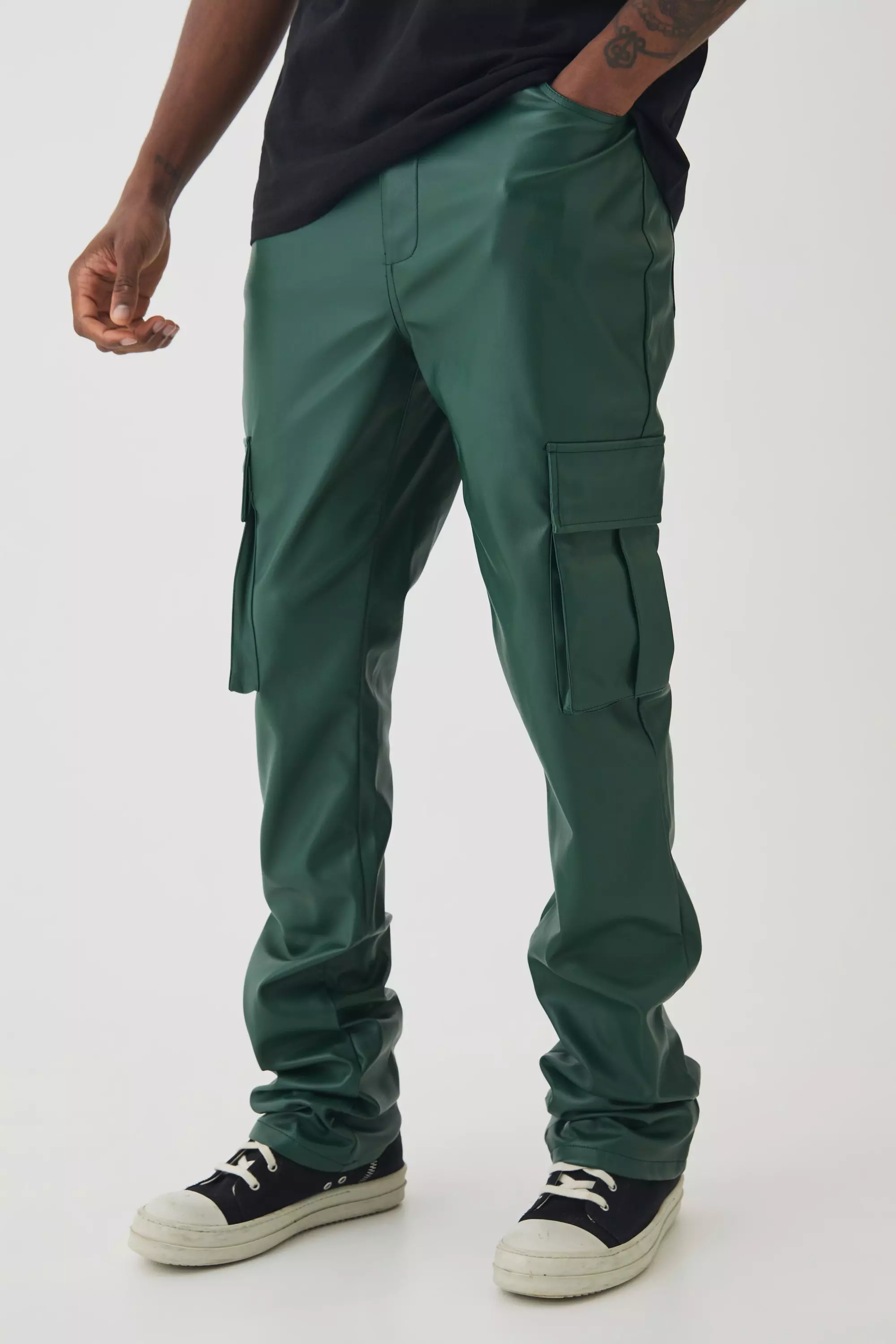 Tall PU Cargo Stacked Flared Pants Forest