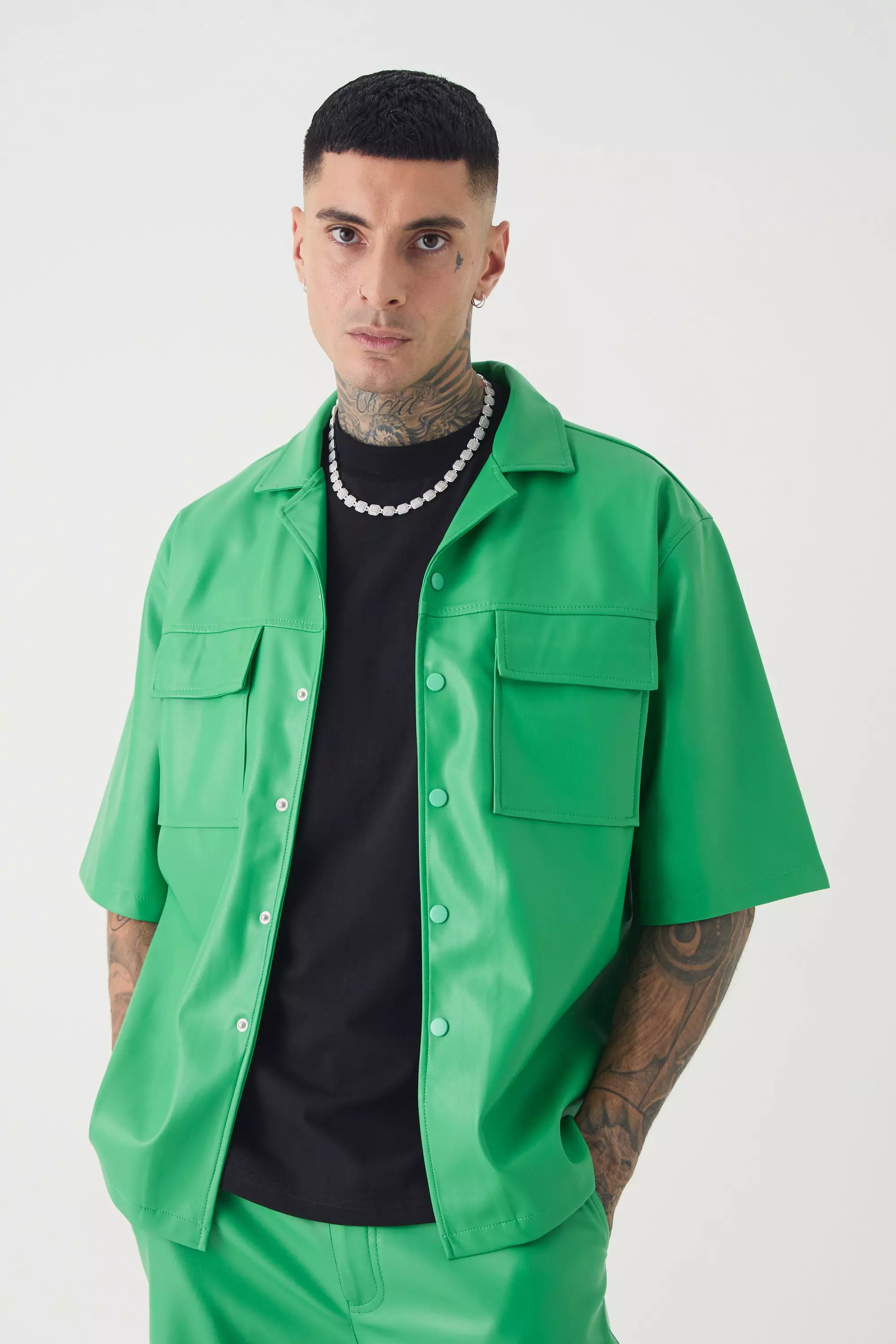 Tall PU Short Sleeve Overshirt Green