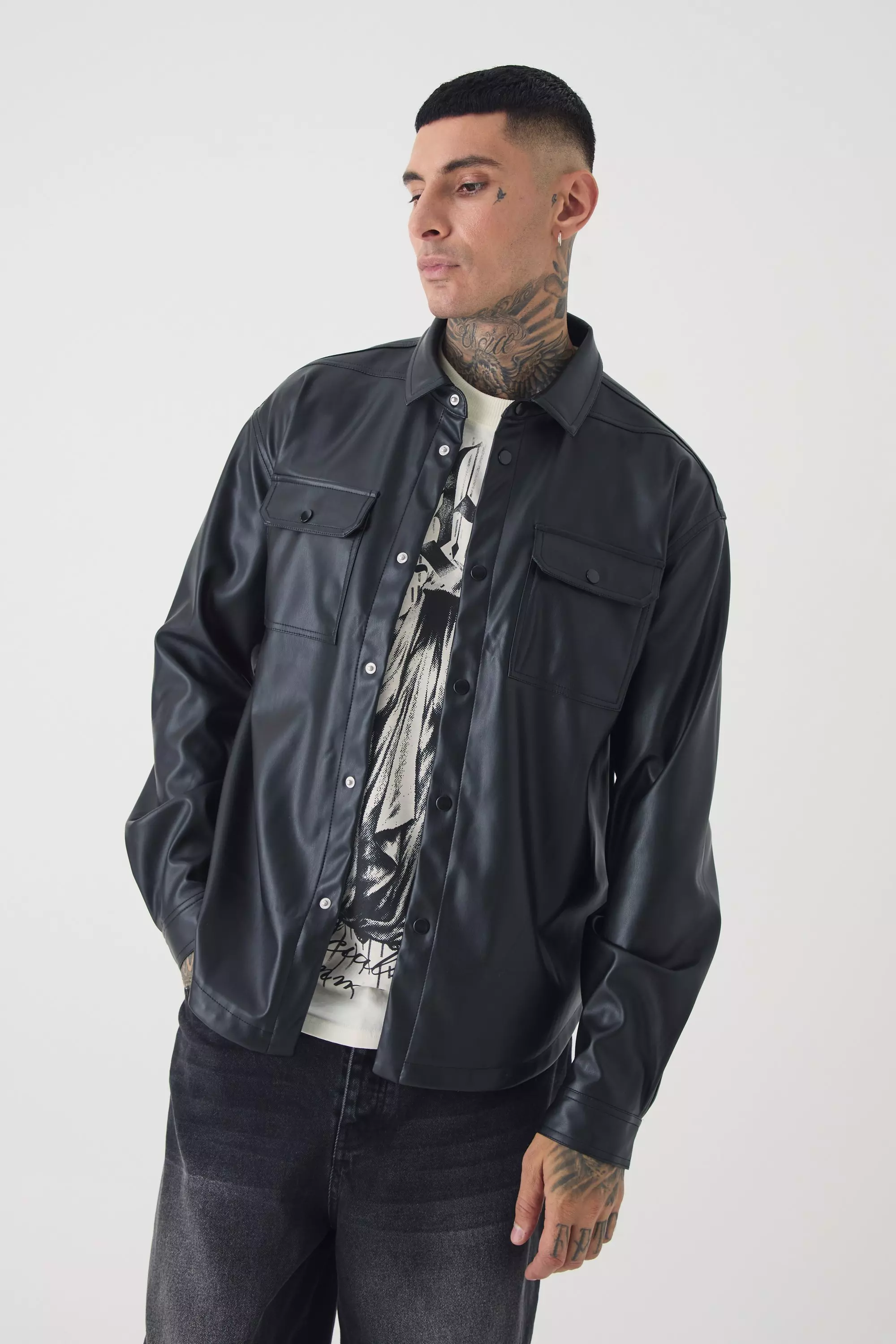 Tall PU Long Sleeve Overshirt Black