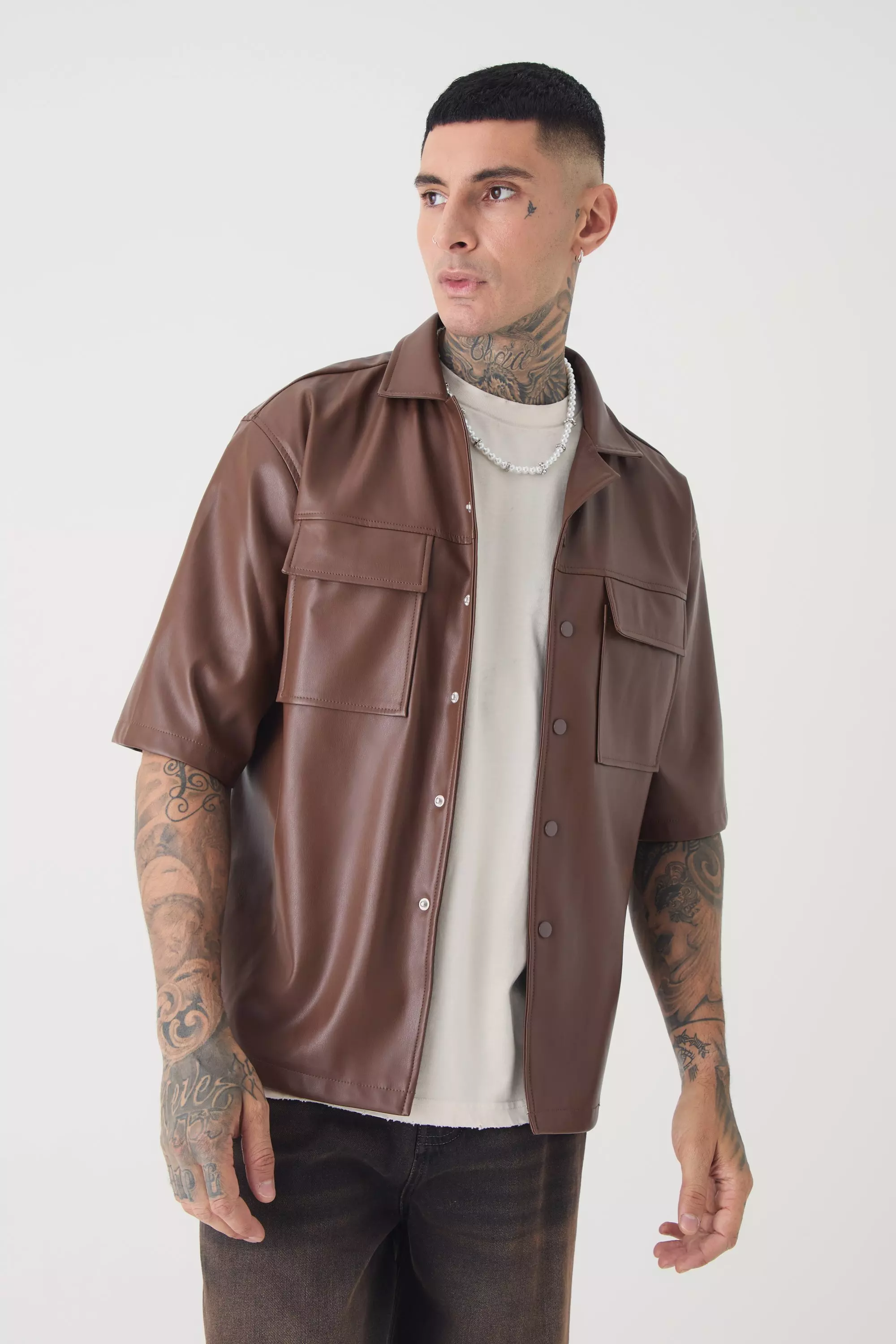 Tall PU Short Sleeve Overshirt coffee