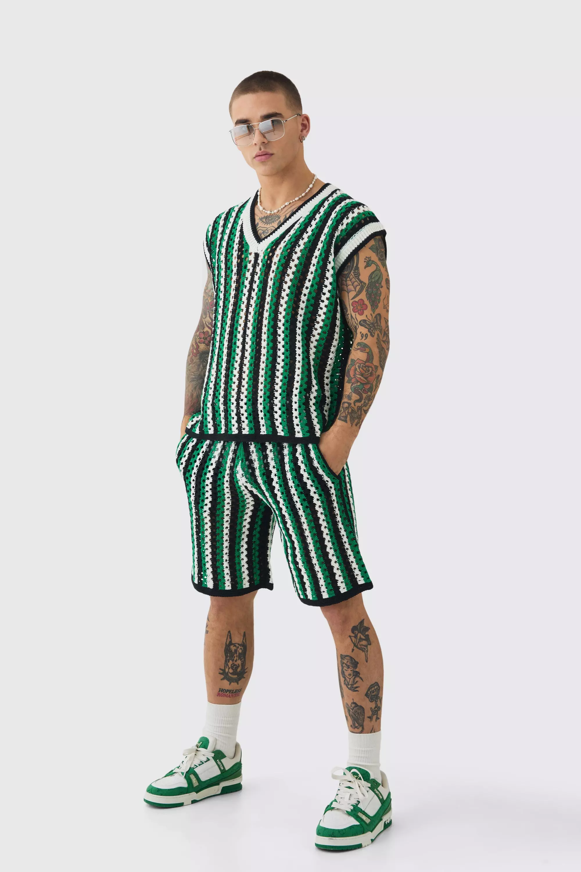 Oversized Open Stitch Stripe V Neck Tank And Short Set Black