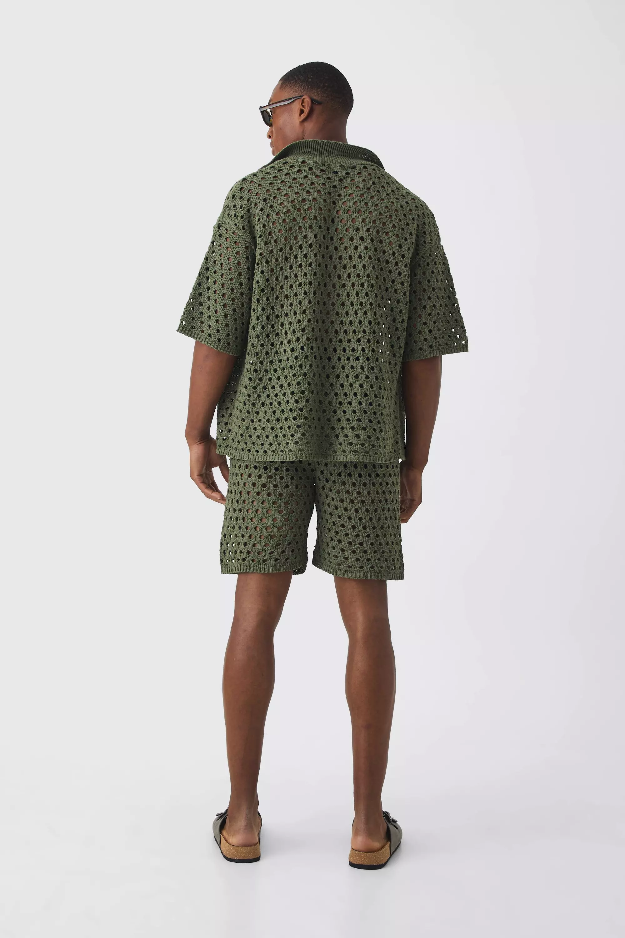 Oversized Open Stitch Shirt & Short Set | boohooMAN USA