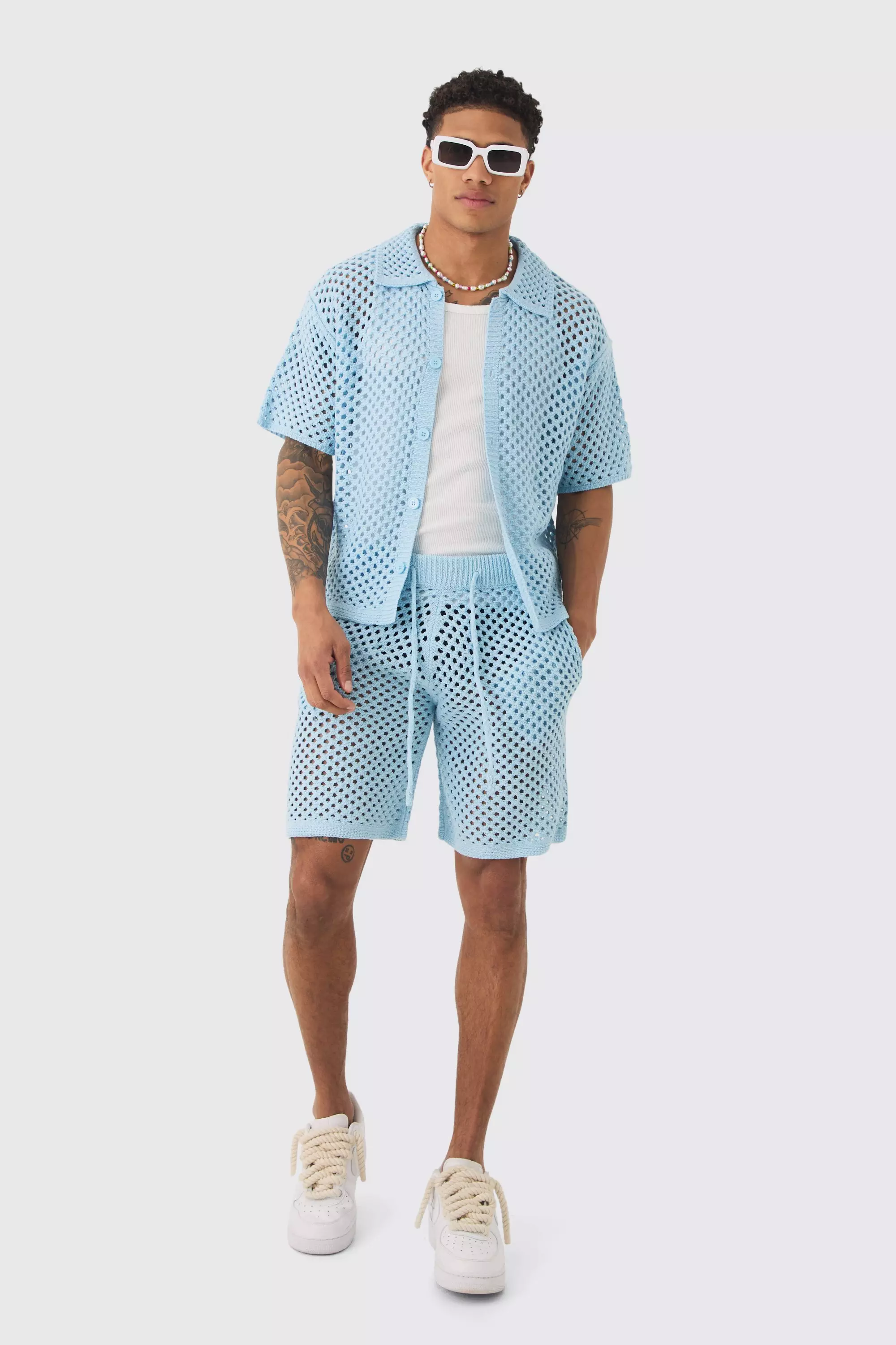 Oversized Boxy Open Stitch Shirt & Short Set With Metal Tab Light blue