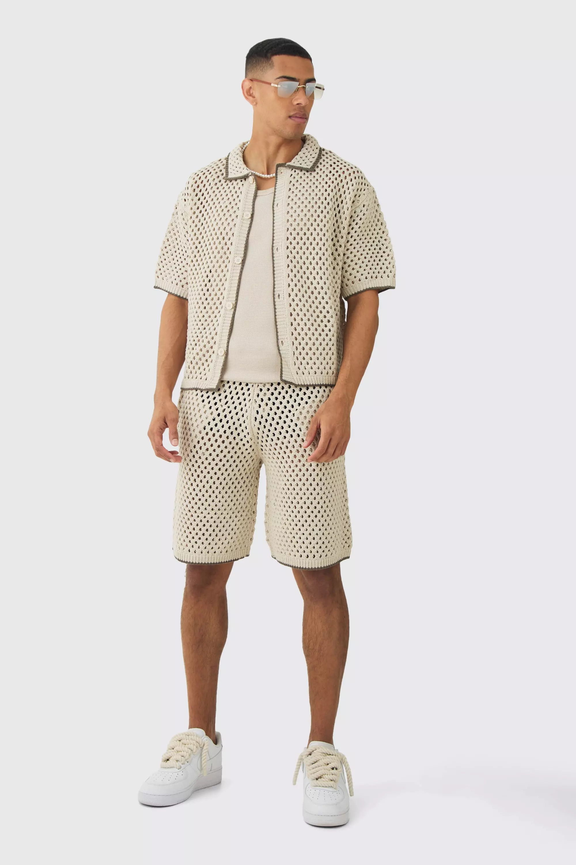 Oversized Boxy Open Stitch Contrast Tipping Shirt & Short Set With Metal Tab Stone