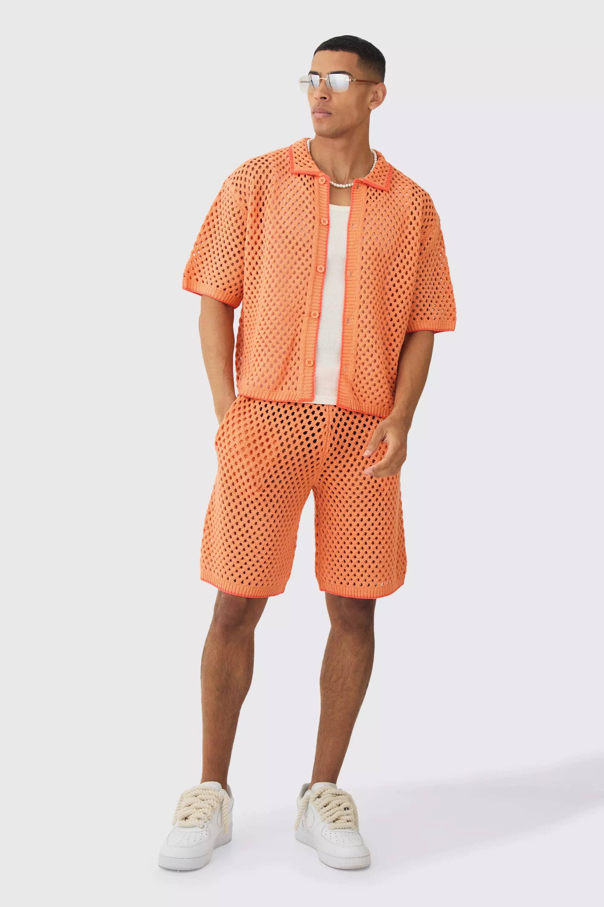 Orange Oversized Boxy Open Stitch Contrast Tipping Shirt Short Set