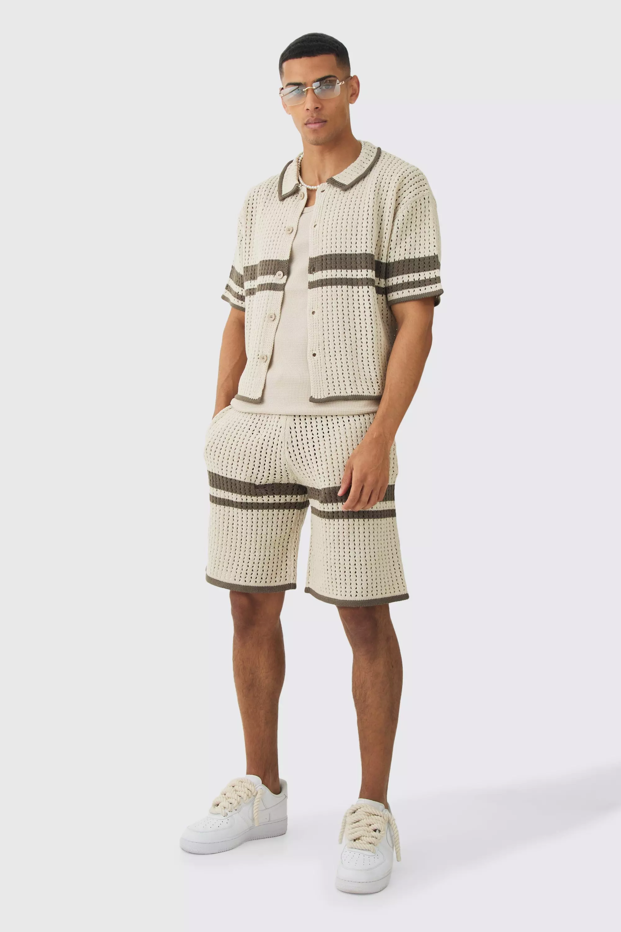 Oversized Boxy Open Stitch Colour Block Shirt & Short Set Stone