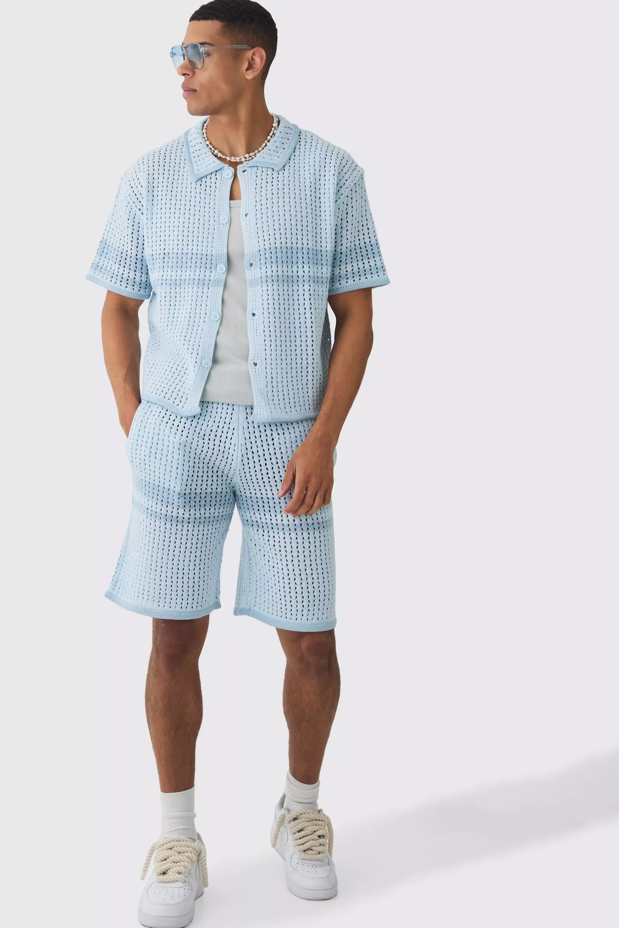 Oversized Boxy Open Stitch Colour Block Shirt & Short Set Light blue