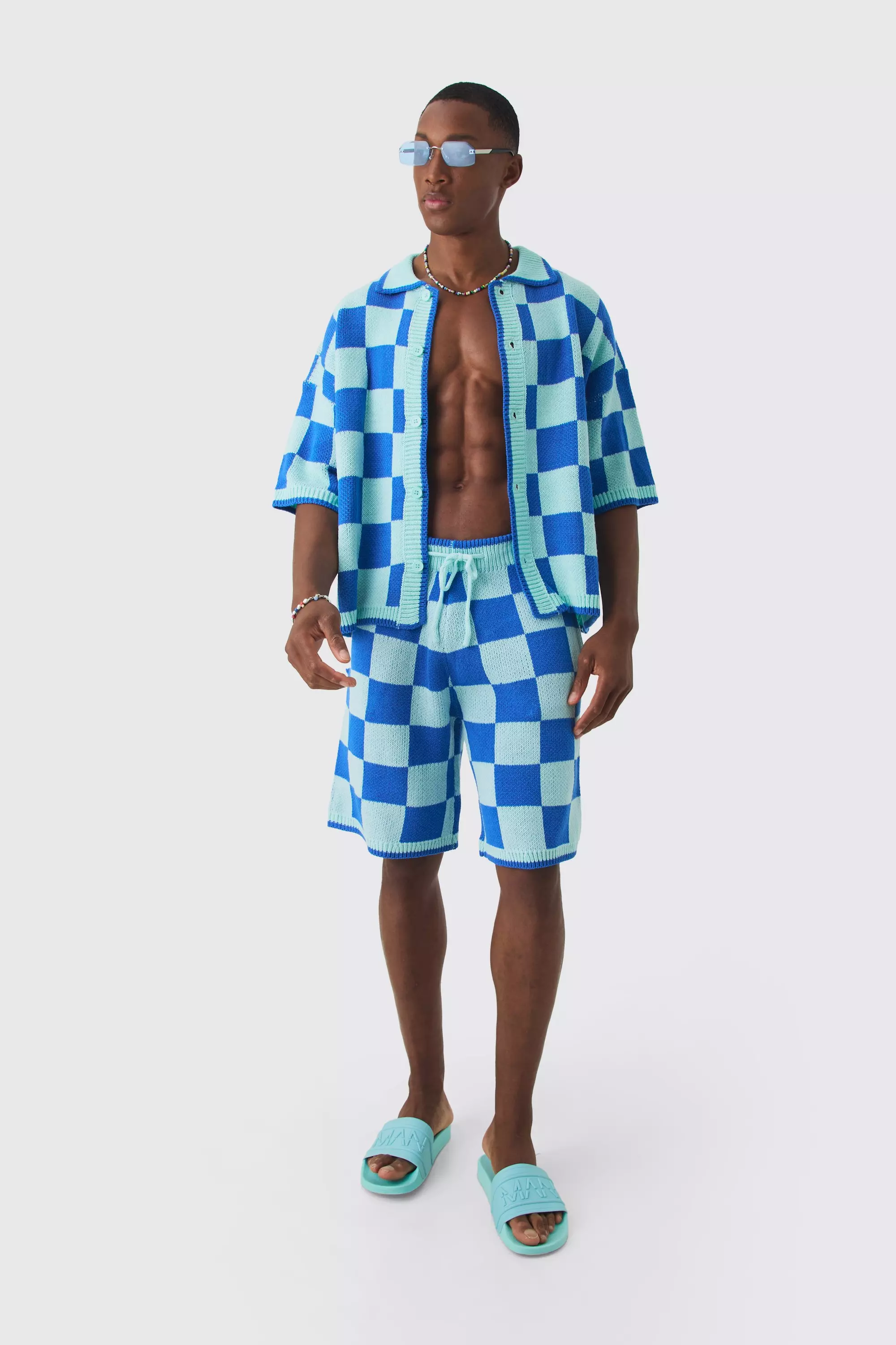 Oversized Boxy Open Stitch Checked Shirt & Short Set With Metal Tab Blue