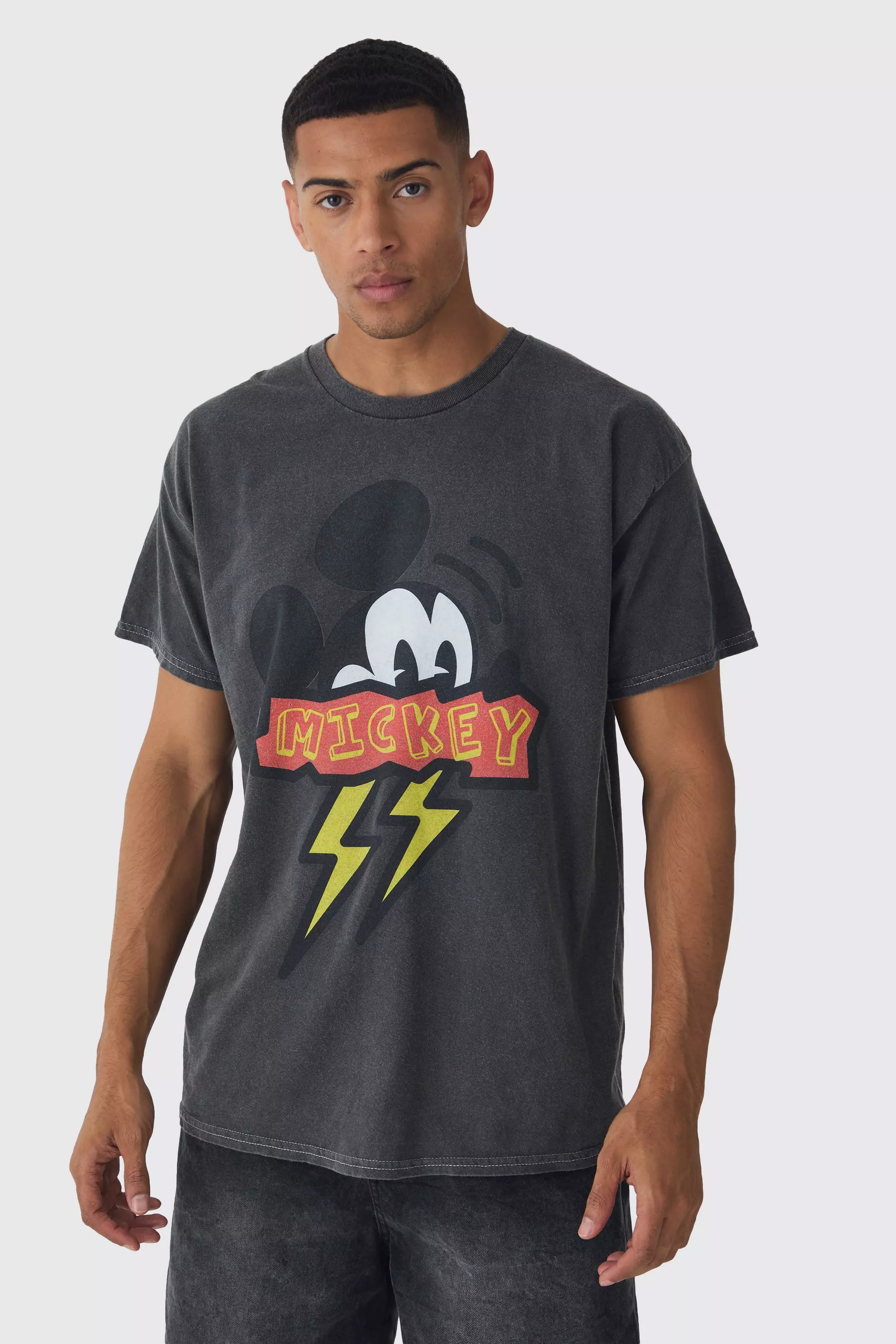 Oversized Mickey Mouse Disney Wash License Print T-shirt Charcoal