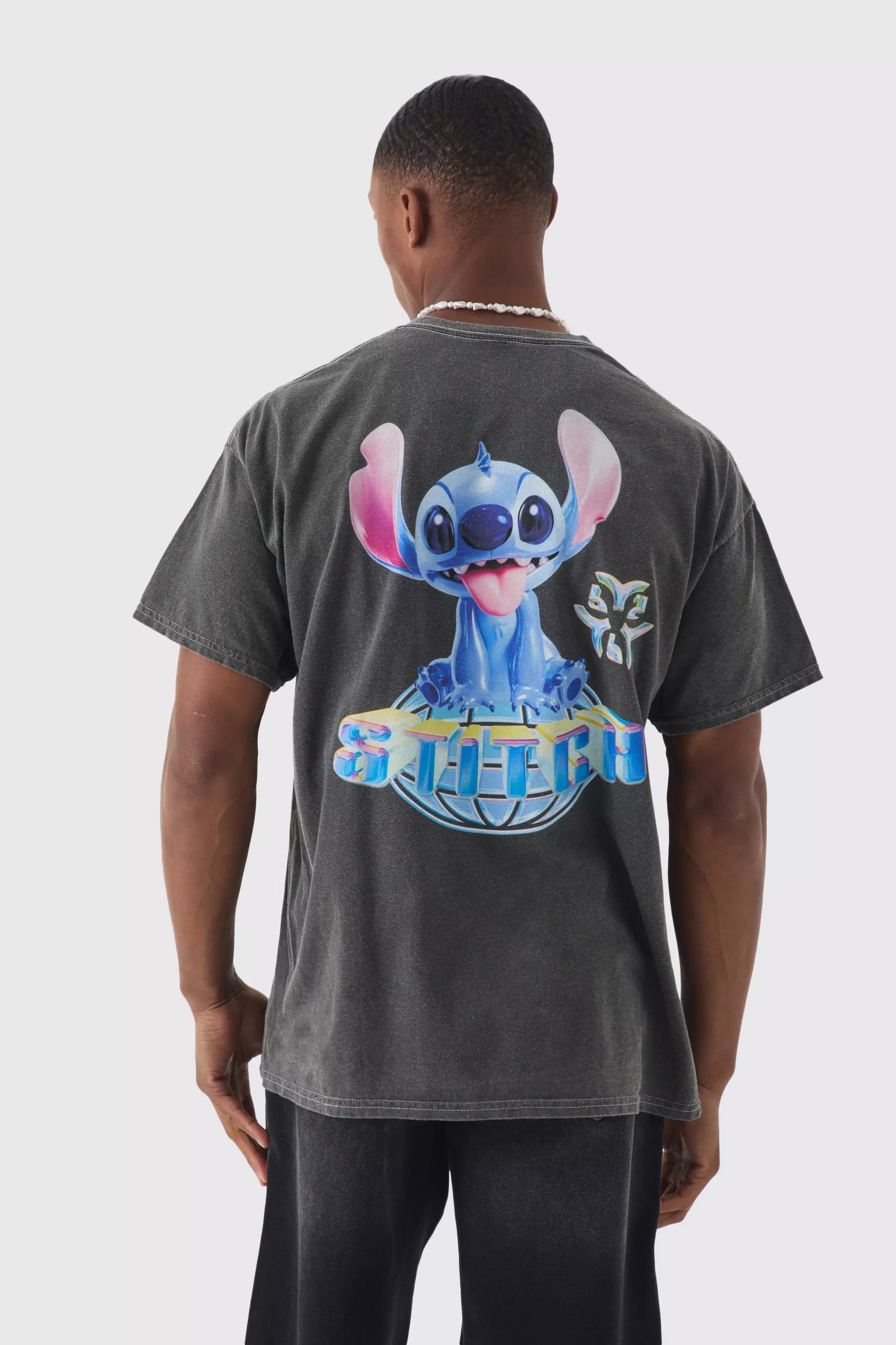 Oversized Disney Lilo And Stitch Wash License Print T-shirt Charcoal