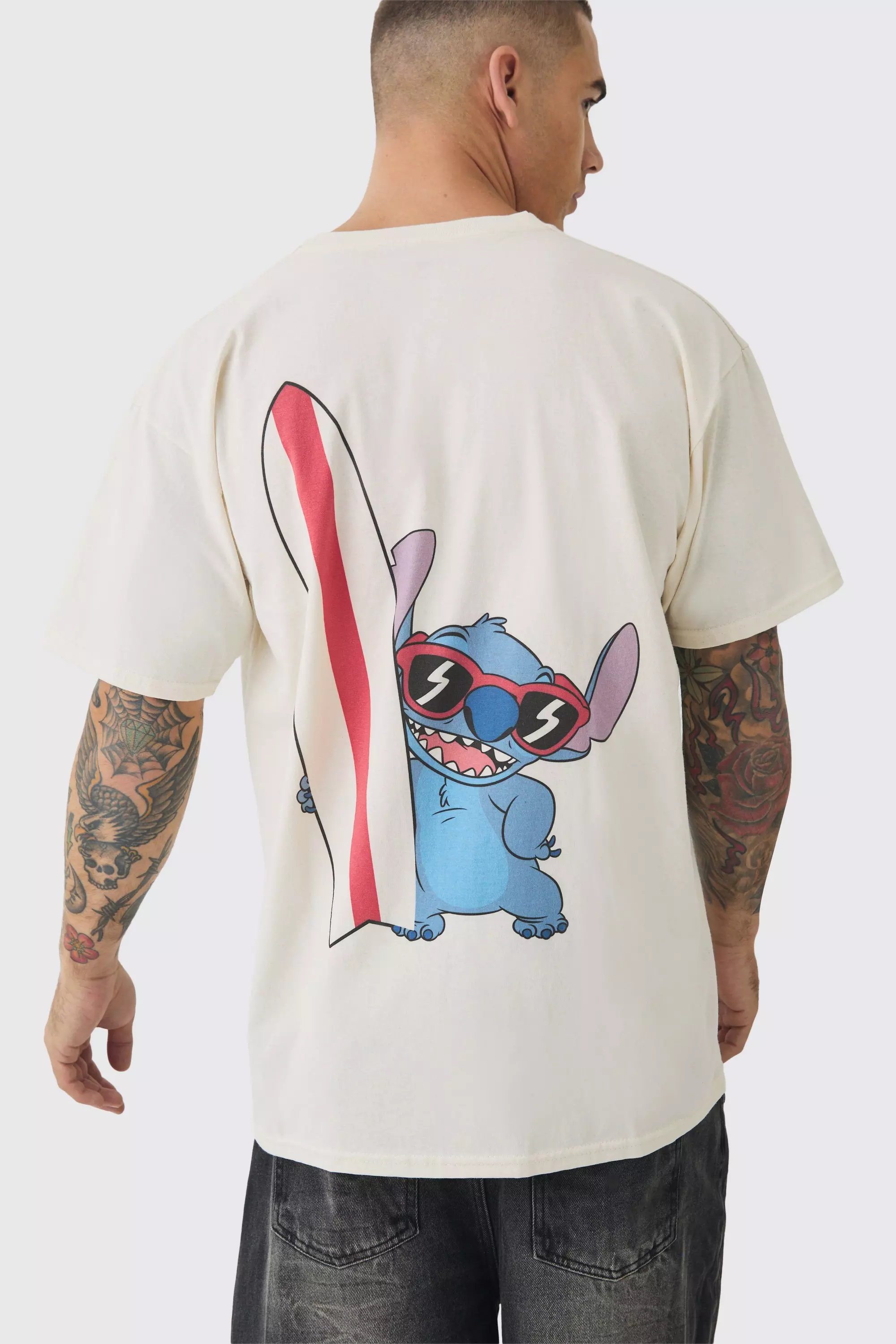 Oversized Disney Lilo And Stitch Wash License Print T-shirt Ecru