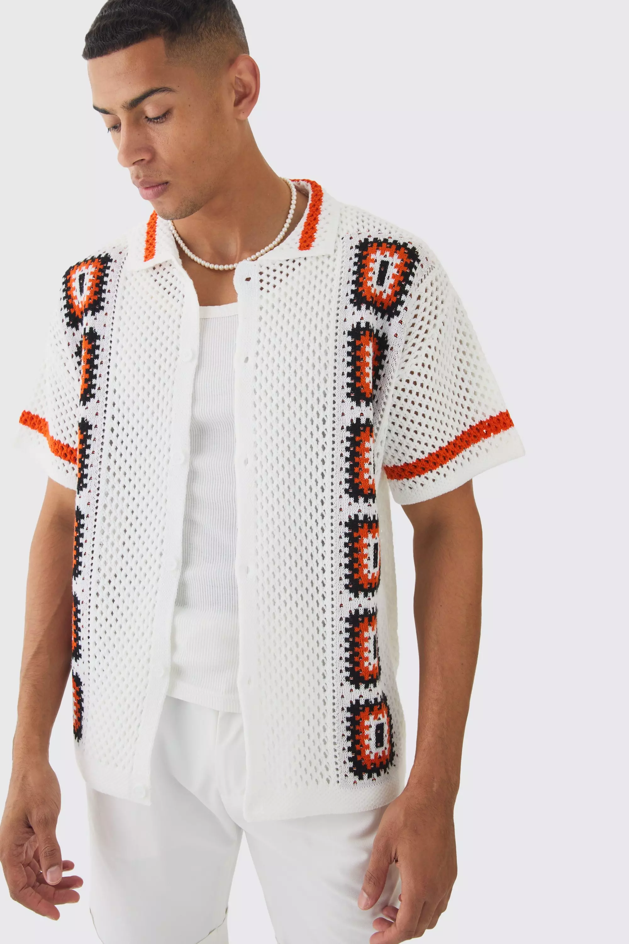 White Oversized Boxy Crochet Placement Knit Shirt alternative image